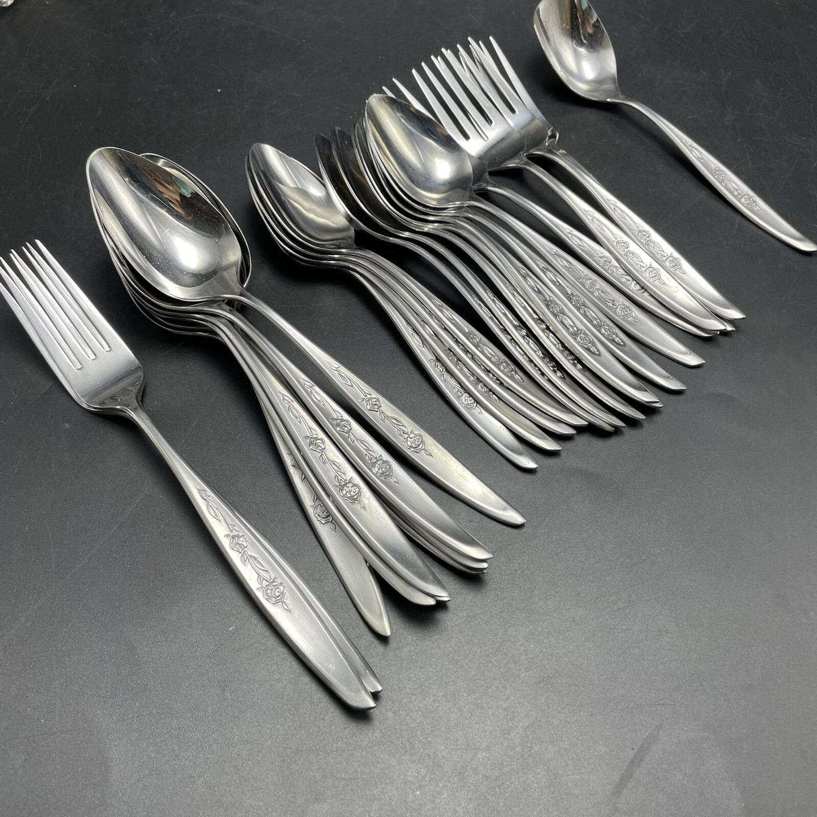 27 pcs Vtg MCM Stainless Flatware Single Rose Design Forks Soup Tea Spoons Japan