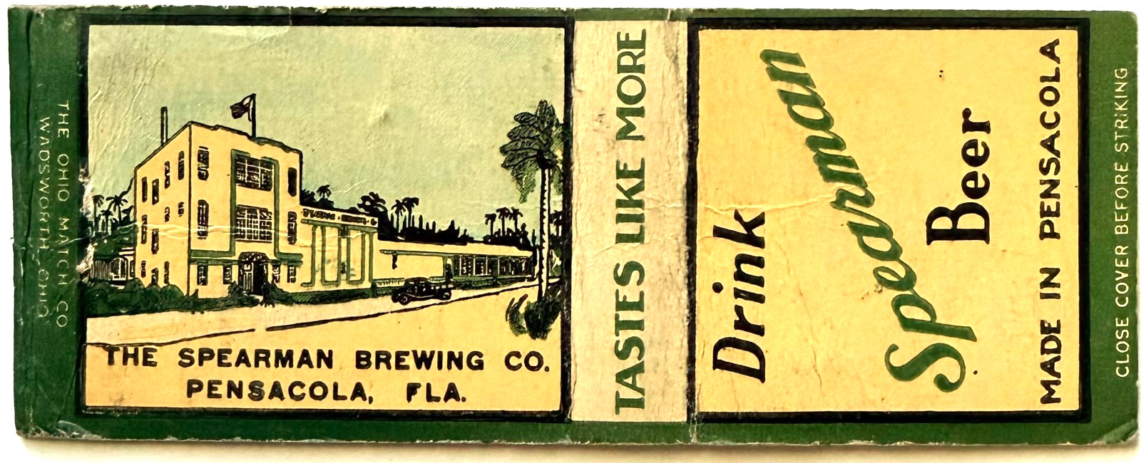 1930s Spearman Brewing Co Pensacola Florida Beer Matchbook Cover Vintage