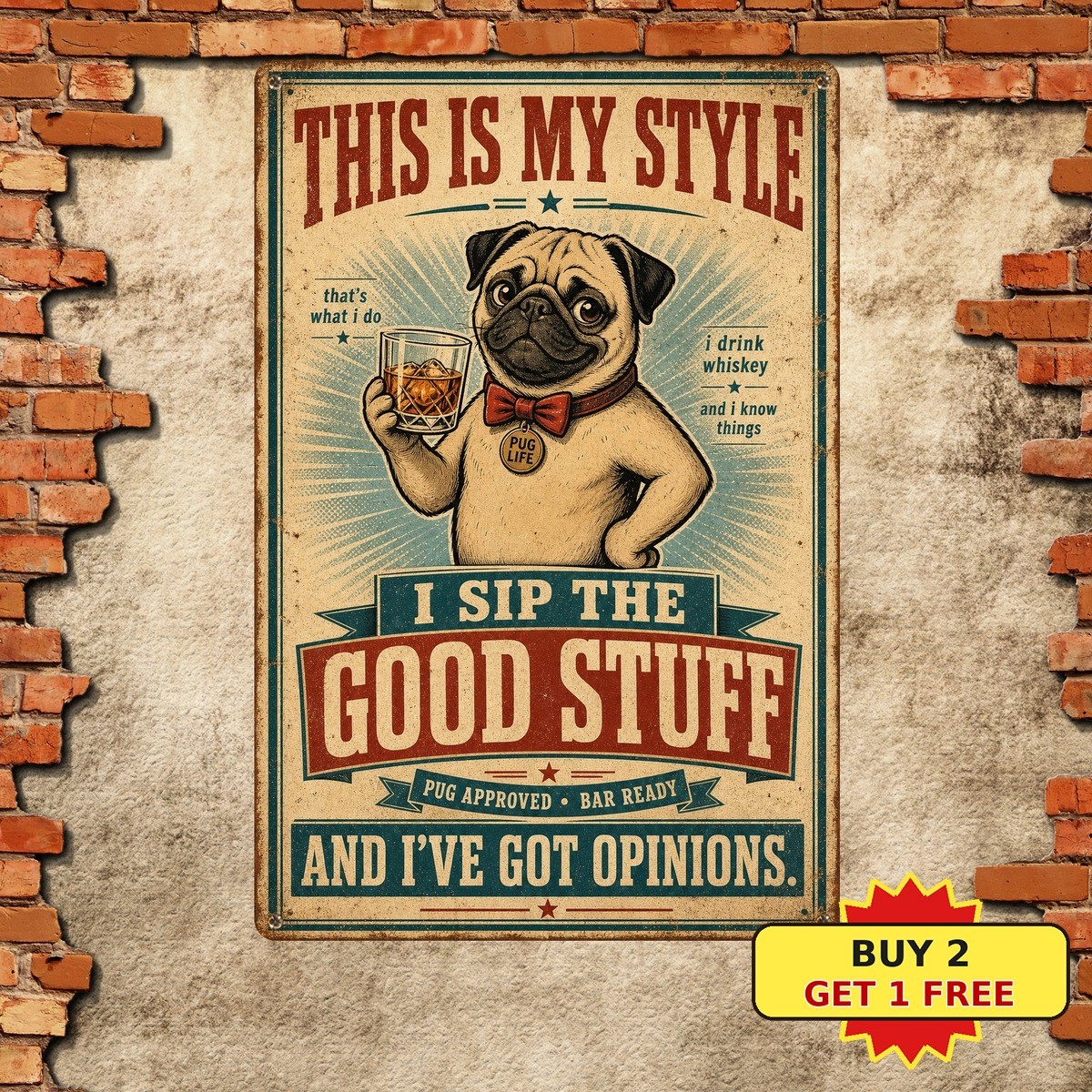 Funny Pug Dog Whiskey Quote Metal Sign Retro Man Cave Pub Tavern Decor