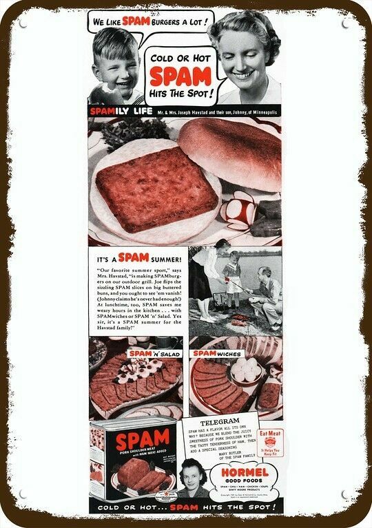 1941 SPAM Lunch Meat Burgers Hormel Vintage-Look DECORATIVE REPLICA METAL SIGN 1941 SPAM Lunch Meat Burgers Hormel Vintage-Look DECORATIVE REPLICA METAL SIGN
