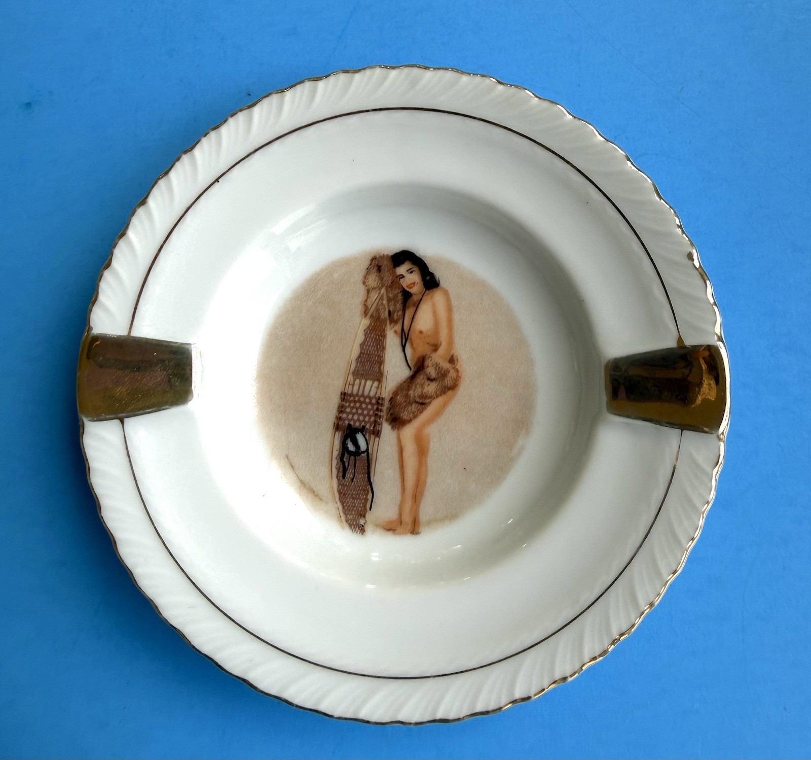Vtg 1950s Flirty Brunette Pin Up Risque Bone China Ashtray Snowshoes Fur Mittens