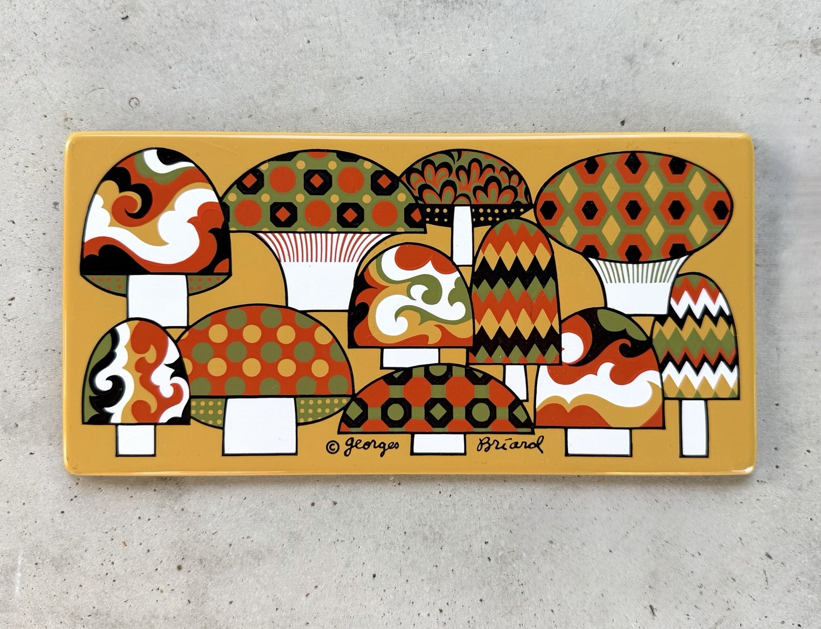 Vintage Georges Briard Groovy Mushroom Enamel Metal Tile Midcentury