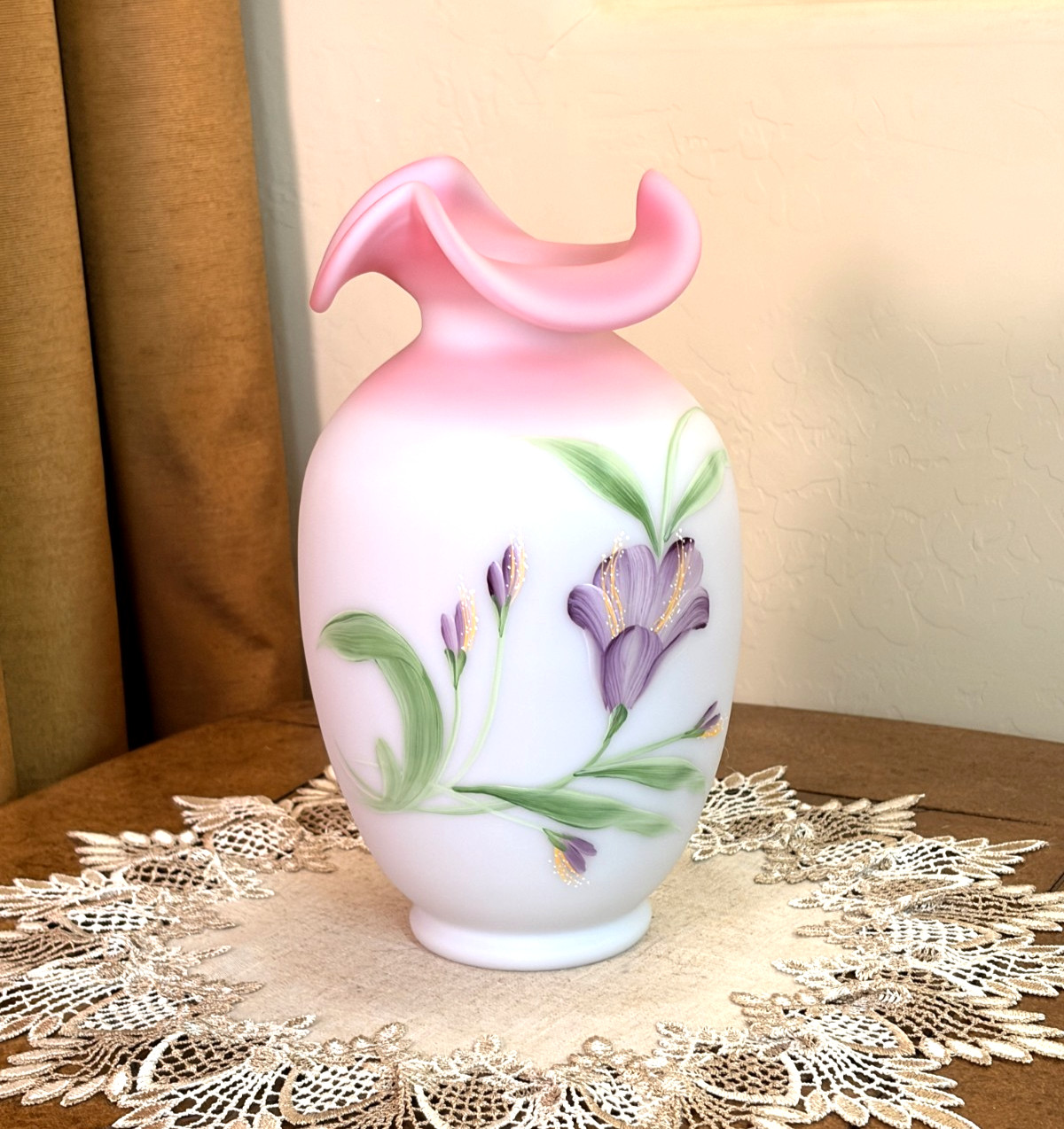 HTF FENTON Glass Lily On Blue Burmese Vase Signed LE#1180/2750