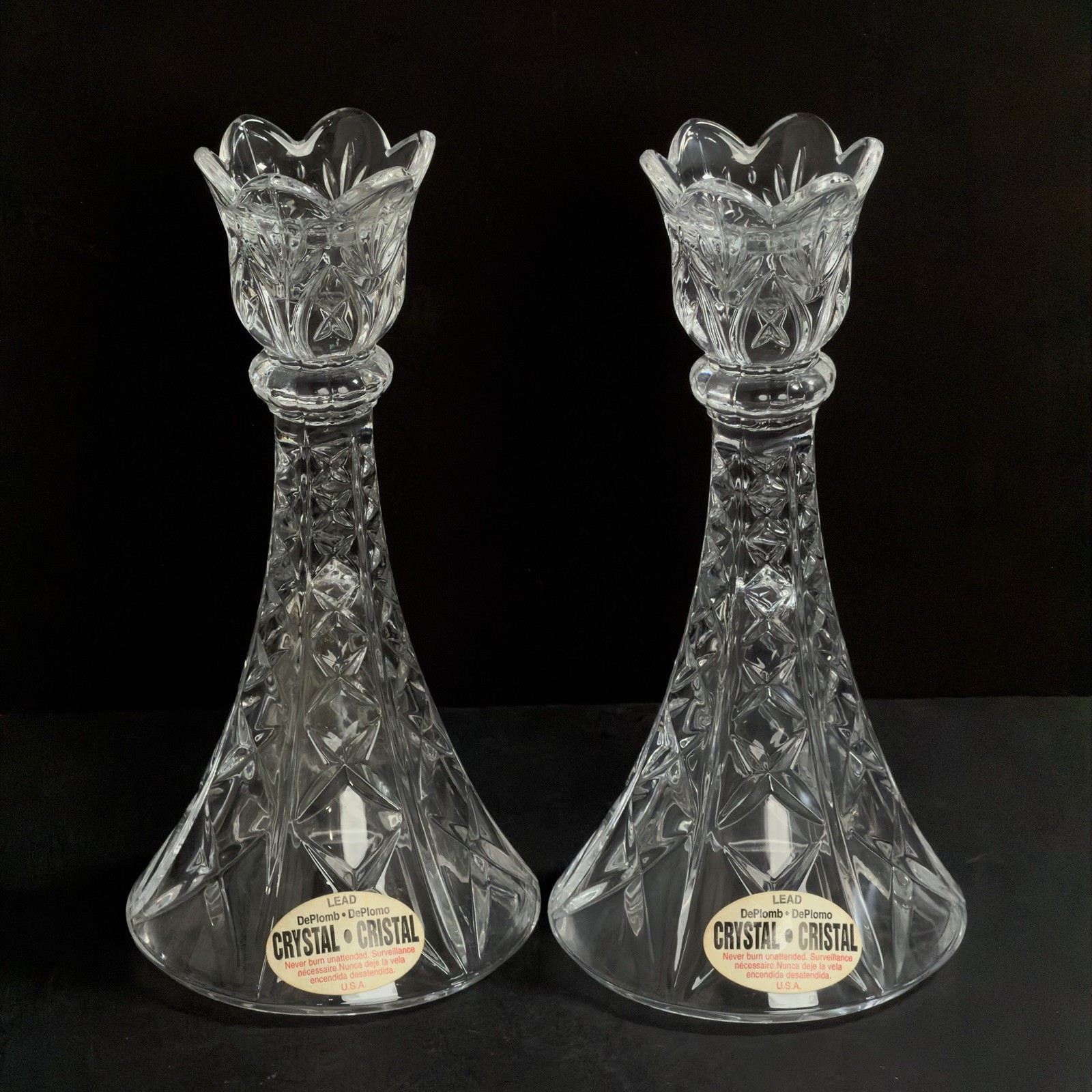 Vintage DePlomb 24% Lead Crystal Pair Taper Candlestick Holders Made In USA