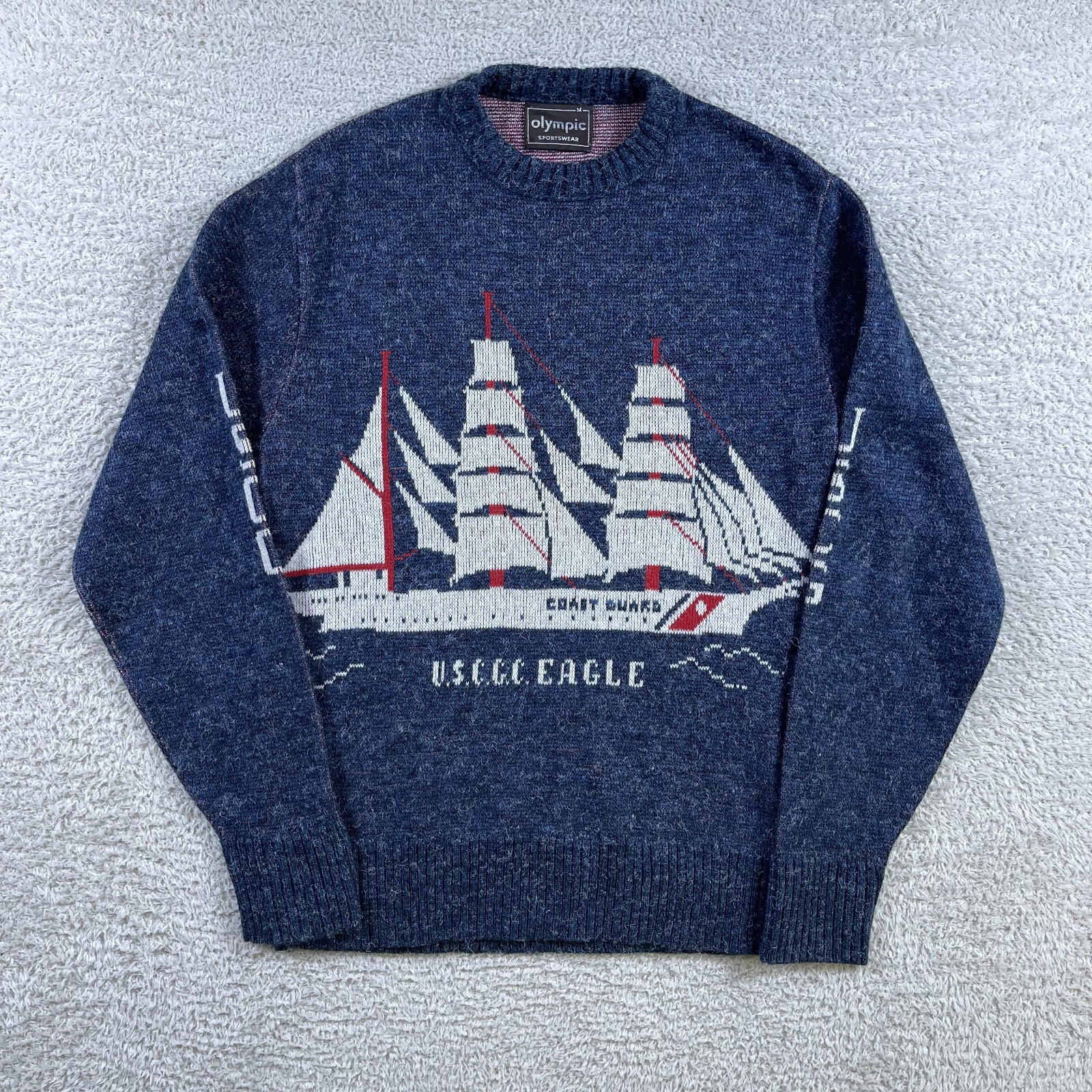 Vintage 70s US Coast Guard Sweater Mens Medium Blue Knit USCGC Eagle Olympic 80s