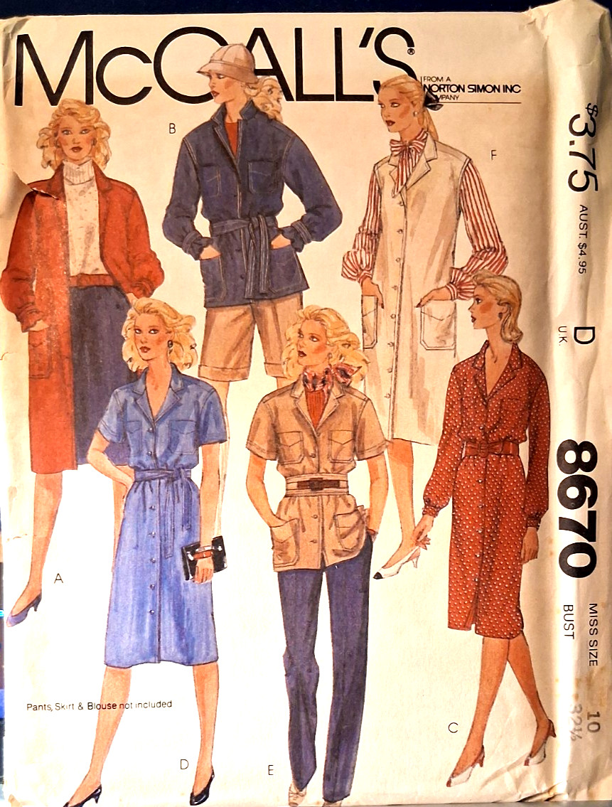 MCCall's 8670 Coat-Dress, Shirt-Jacket, Dress or Jumper Size 10 Uncut FF MCCall's 8670 Coat-Dress, Shirt-Jacket, Dress or Jumper Size 10 Uncut FF