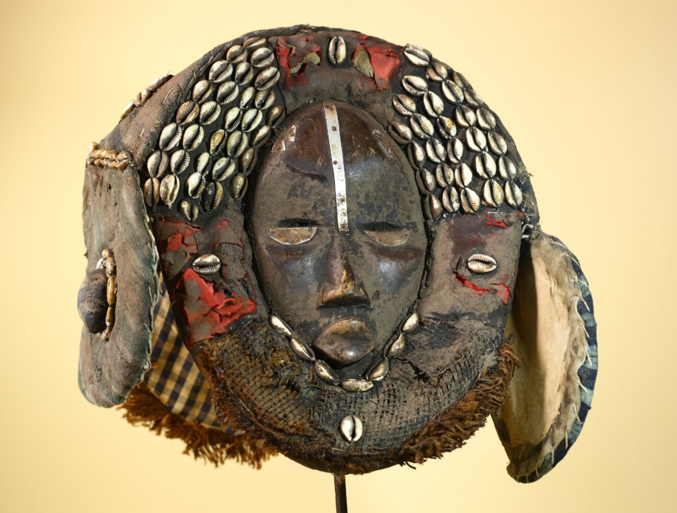 African Antique Dan Mask With Cowrie Shell Crown Fabric Trim Tribal Wood -G6006