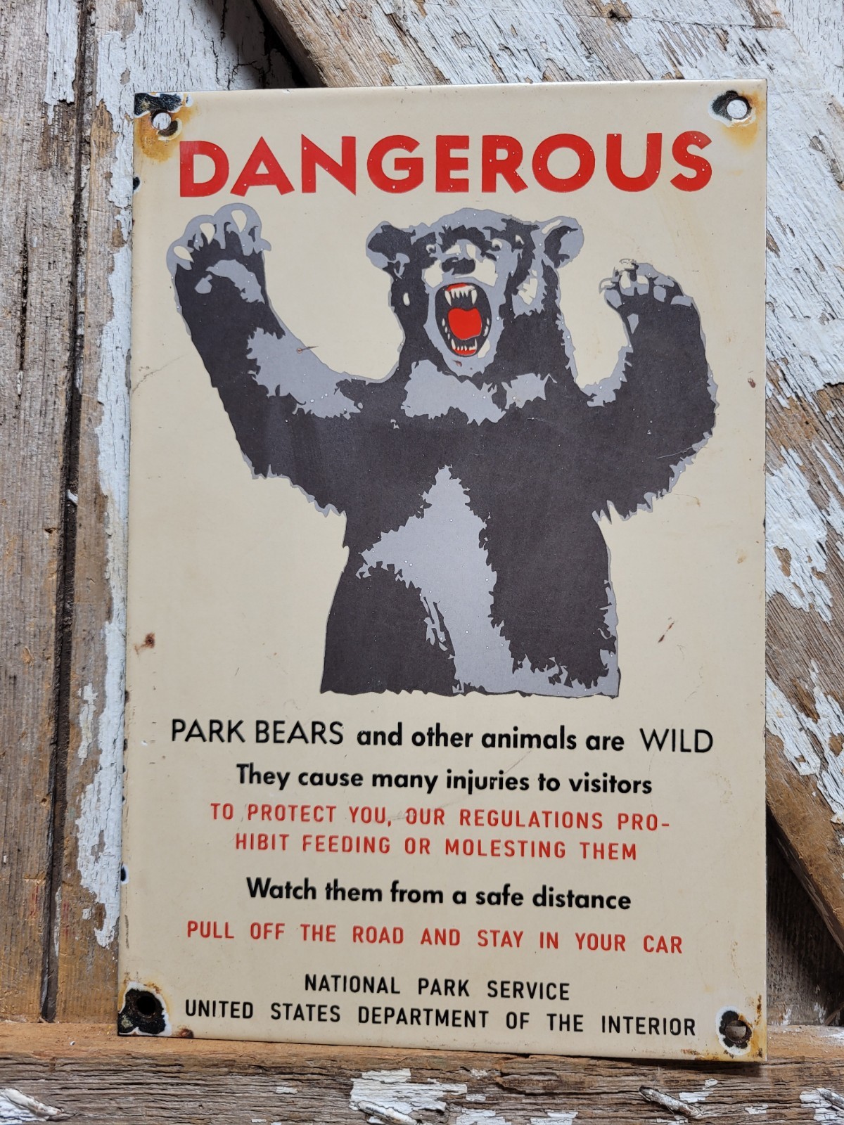 VINTAGE NATIONAL PARK SERVICE PORCELAIN SIGN RARE OLD SMOKEY BEAR WARNING DANGER