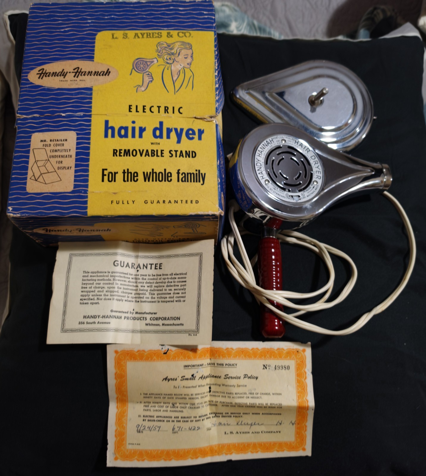 Vintage 195Os Handy Hannah Hair Dryer Model 995-C  Tested With Box Certificate 