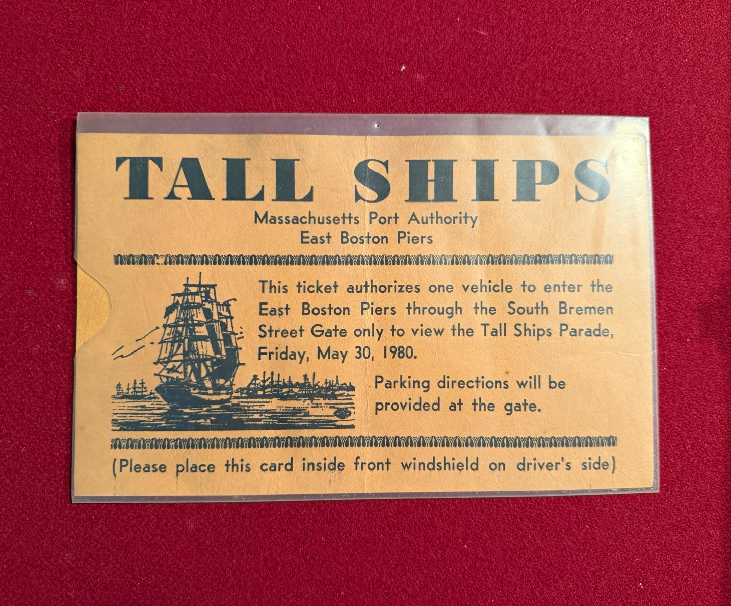 Massachusetts Port Authority Tall Ships East Boston Piers Vehicle Placard 1980