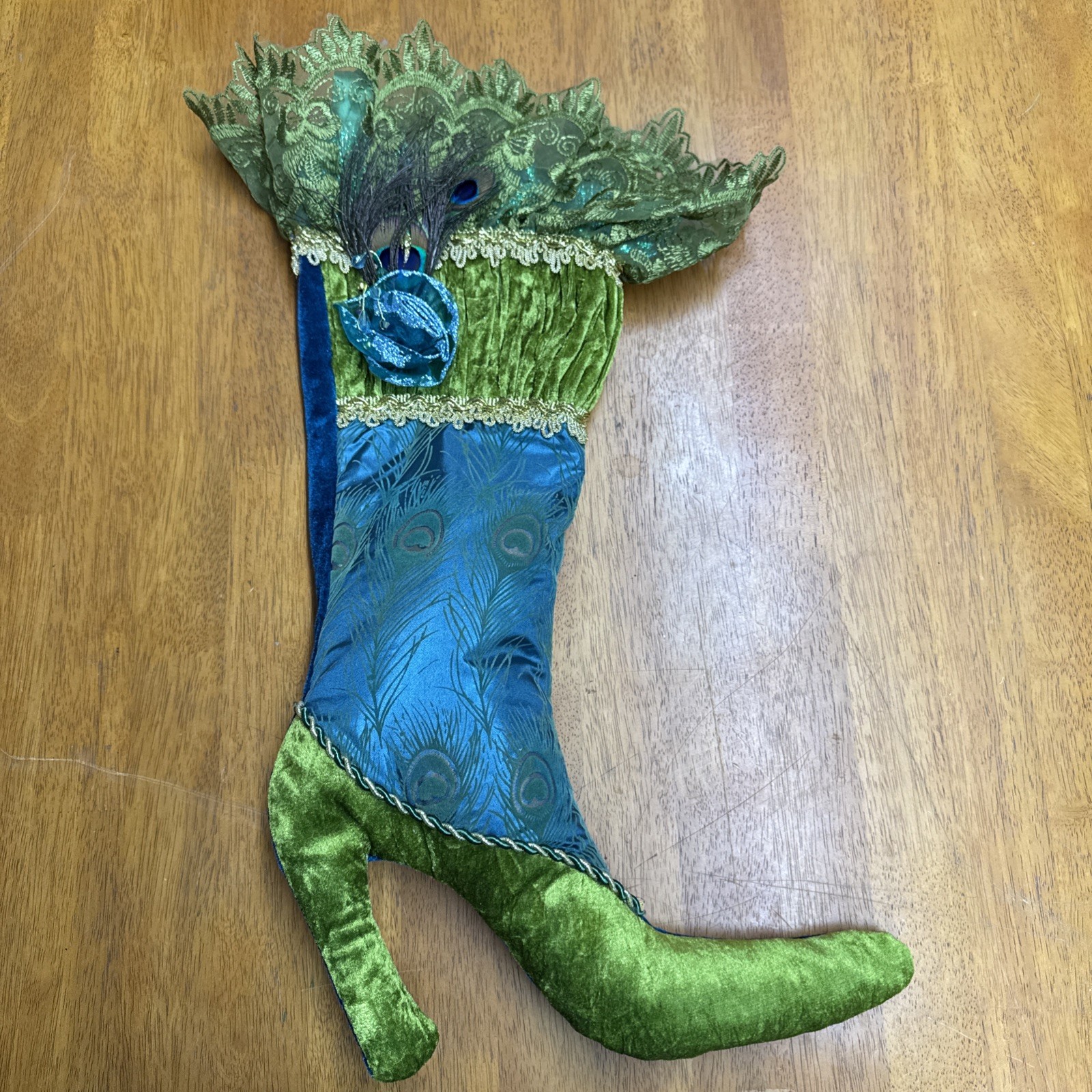 Pier 1 Christmas Stocking Victorian High Heel, Blue/ Green, peacock Velvet NEW 