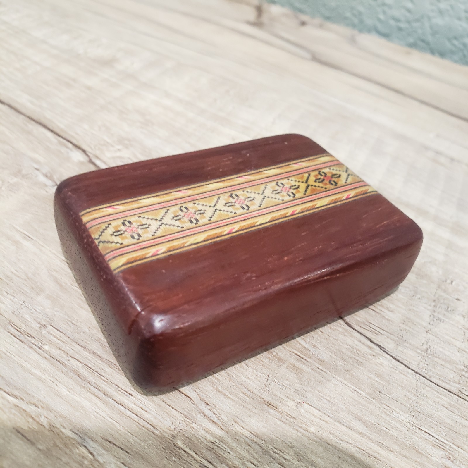 Vintage Heartwood Creations Secret Box Wooden Sliding Lid Inlay Trinket Pill Box