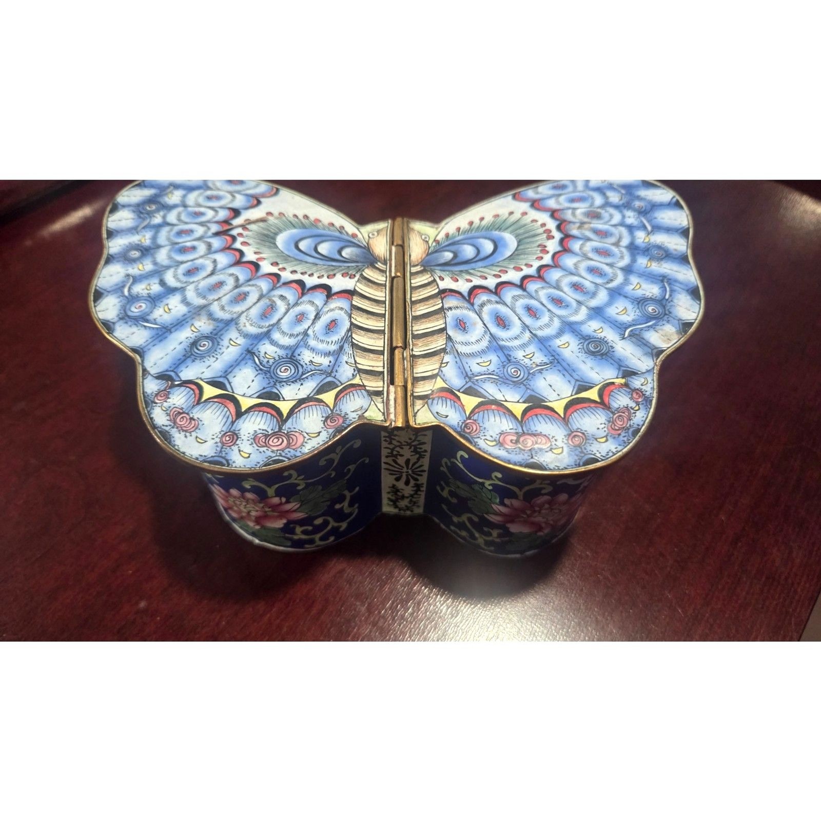 Vintage Chinese Canton Enamel Brass Butterfly Trinket Box - Dual Hinged Wings