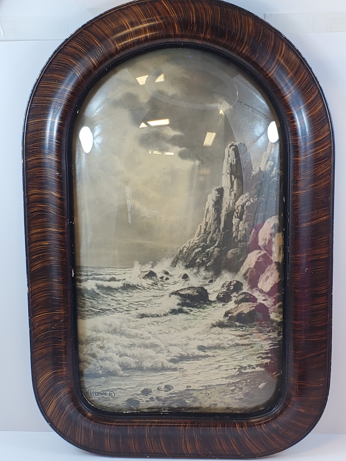 Vtg W. A. Carson Ocean Rocks  1920’s Litho In Bubble Glass Tiger Wood Frame 