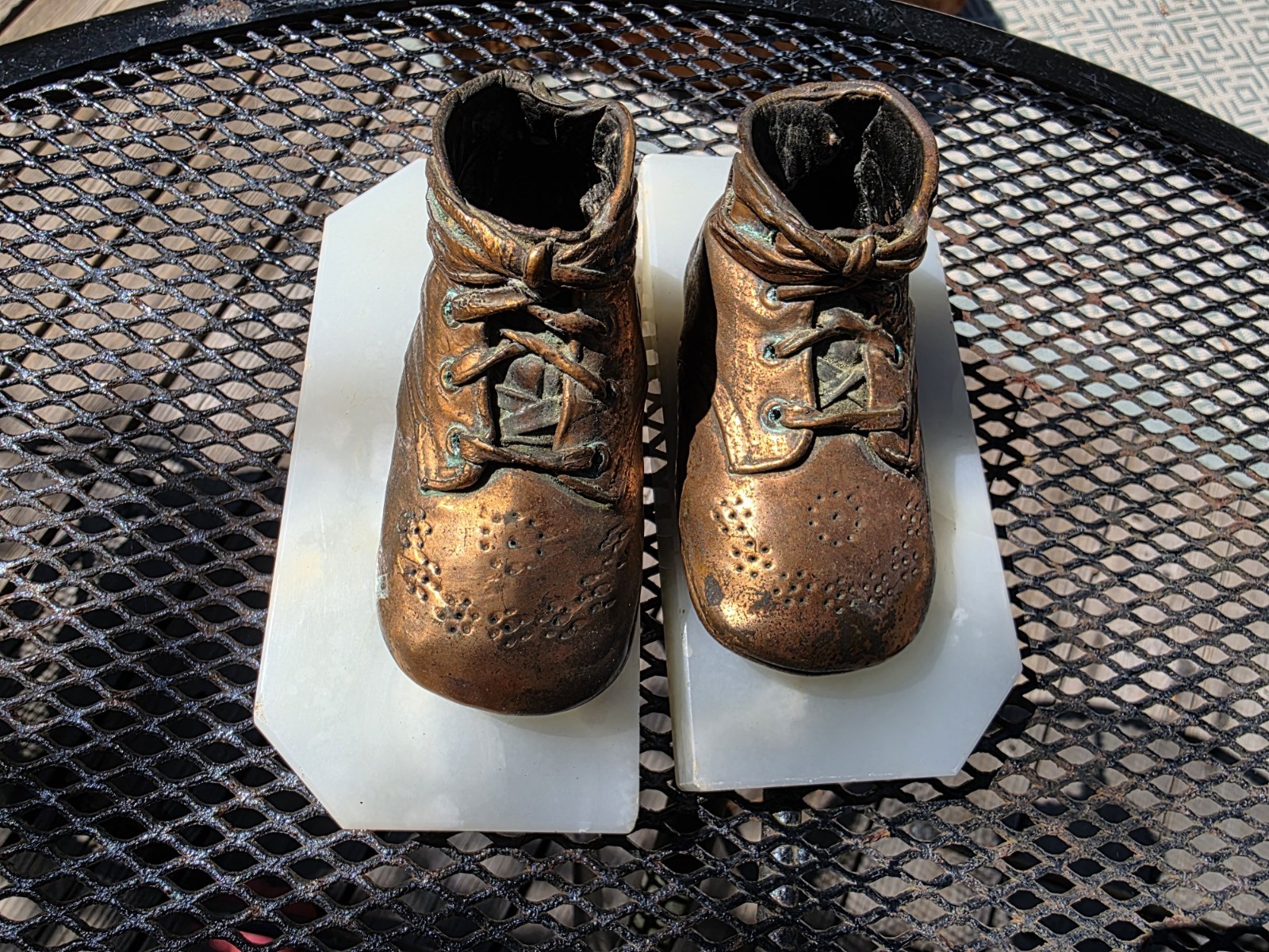 Vintage Copper Bronze Clad Baby Shoes Bookends on Solid Marble Base Nursery Deco Vintage Copper Bronze Clad Baby Shoes Bookends on Solid Marble Base Nursery Deco