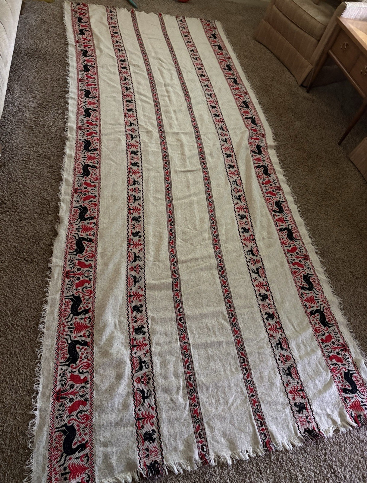 Woven Tablecloth Vintage Eastern Europe Primitive Black Red Textured Fringed Woven Tablecloth Vintage Eastern Europe Primitive Black Red Textured Fringed
