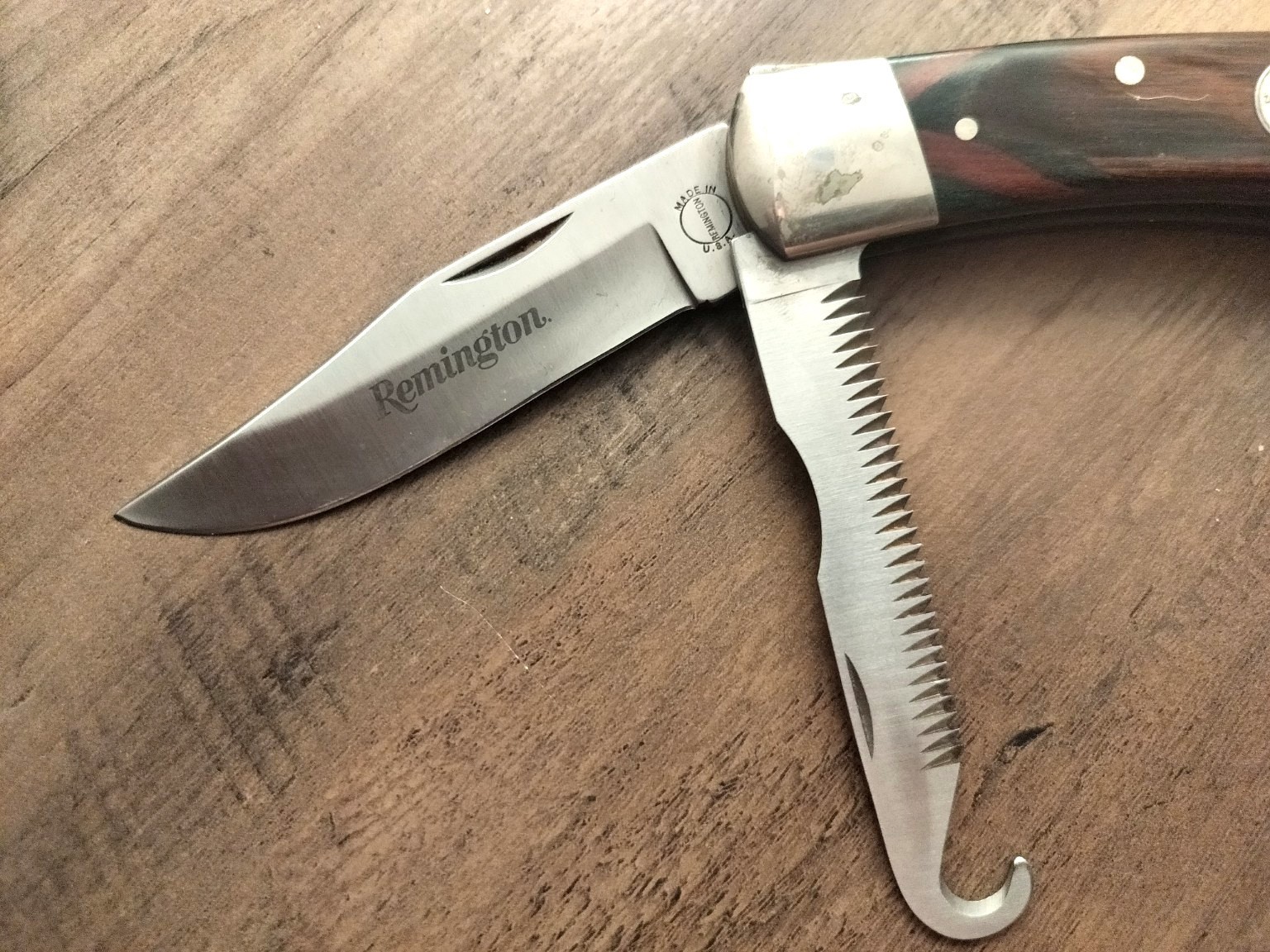 Vintage Remington R-3 Big Game Folding Hunting Knife Saw Gut Hook Wood Handle US