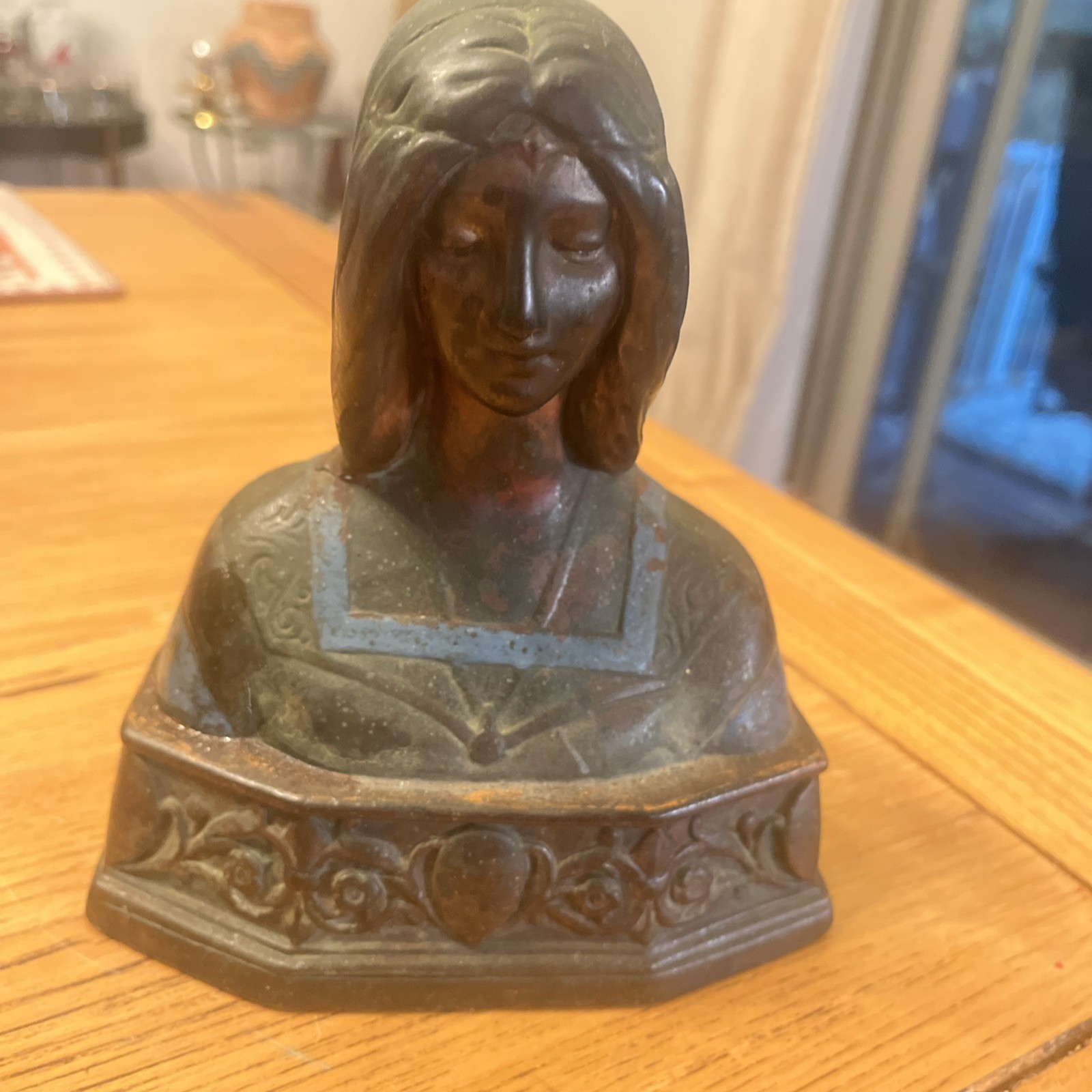ANTIQUE POMPEIAN BRONZE COMPANY NY BUST BEATRICE SCULPTURE w/ Blue TrimBook End