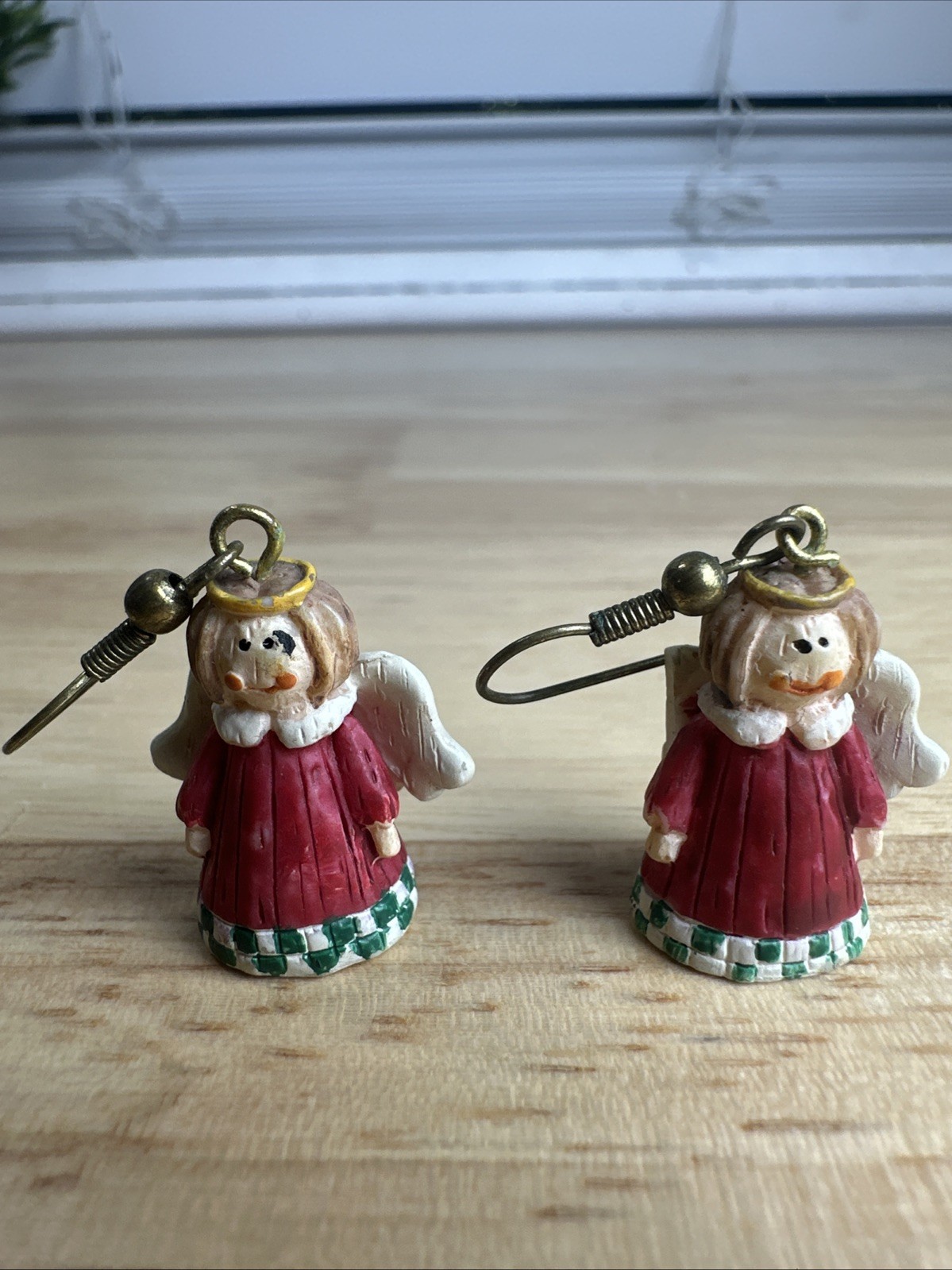 Vintage Angel Dangle Hook Earrings Holiday Christmas red dress green & white hem Vintage Angel Dangle Hook Earrings Holiday Christmas red dress green & white hem