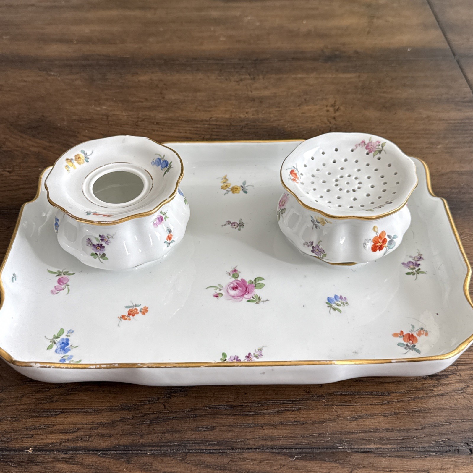 Antique Meissen Porcelain Flowers Inkwell Desk Tray & Pounce 19th century