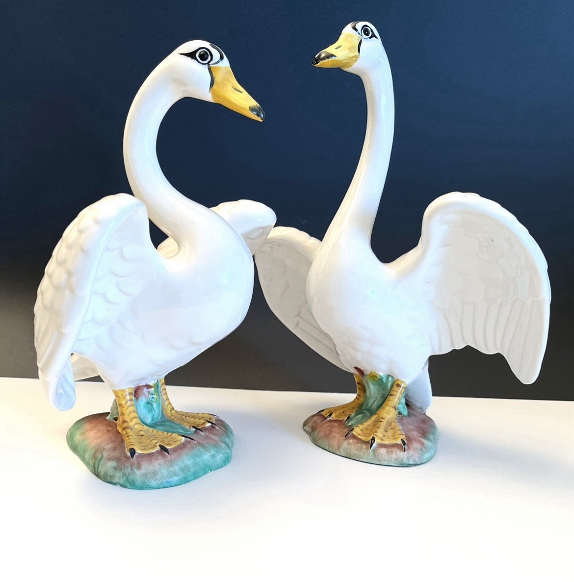 Vintage Italian Porcelain Swan Figurines Pair Hand Painted Made in Italy