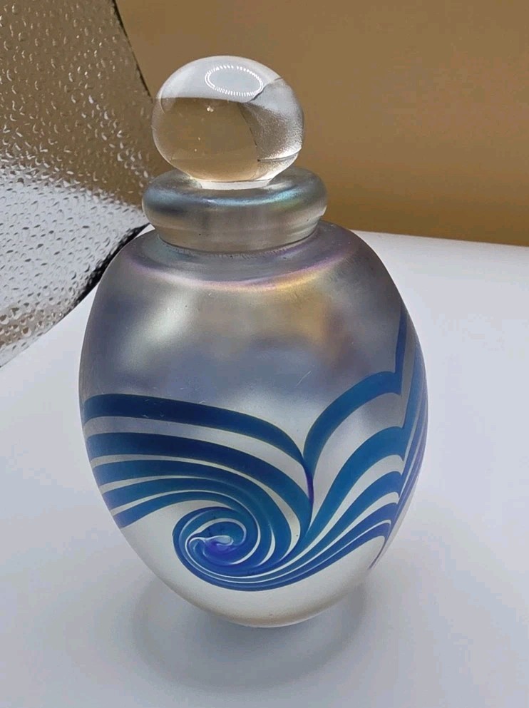 Vtg Iridescent Blue Wave Glass Perfume Bottle W Stopper Unsigned R. Eickholt?
