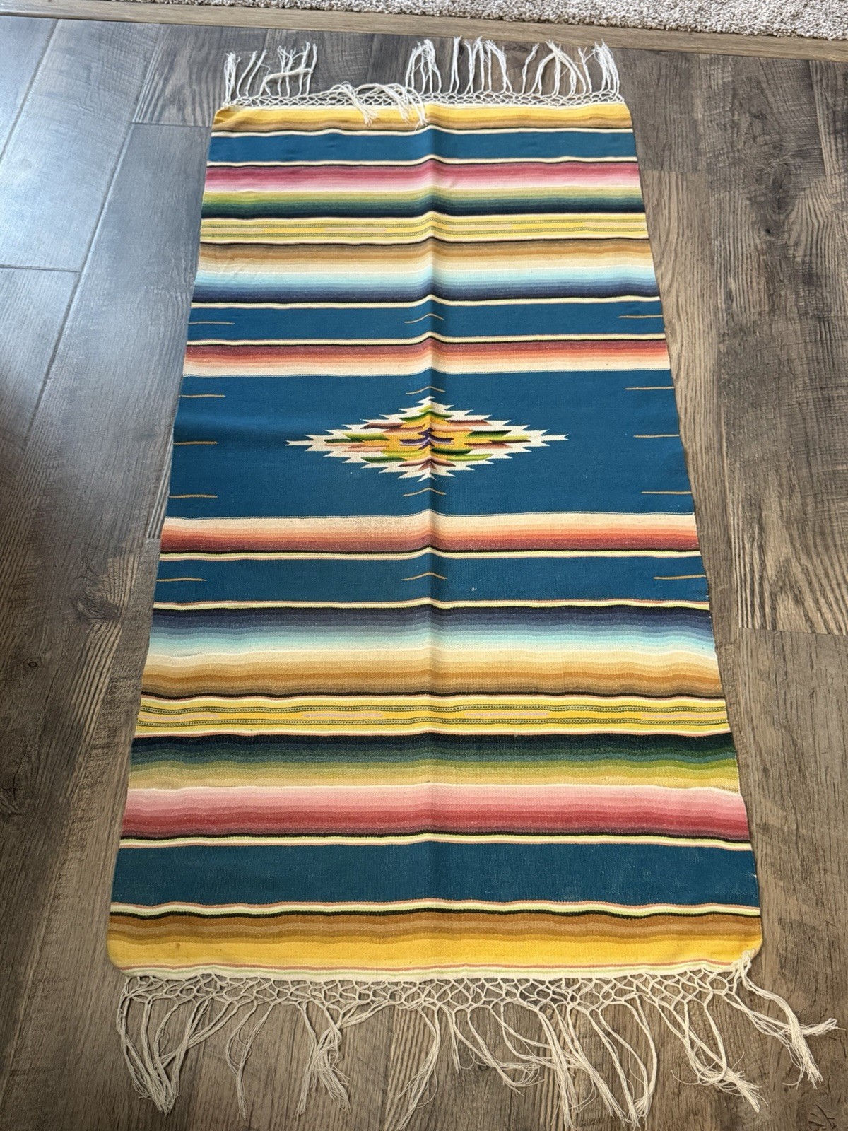 Vintage Mexican Saltillo Striped Fringed Long Table Runner Textile