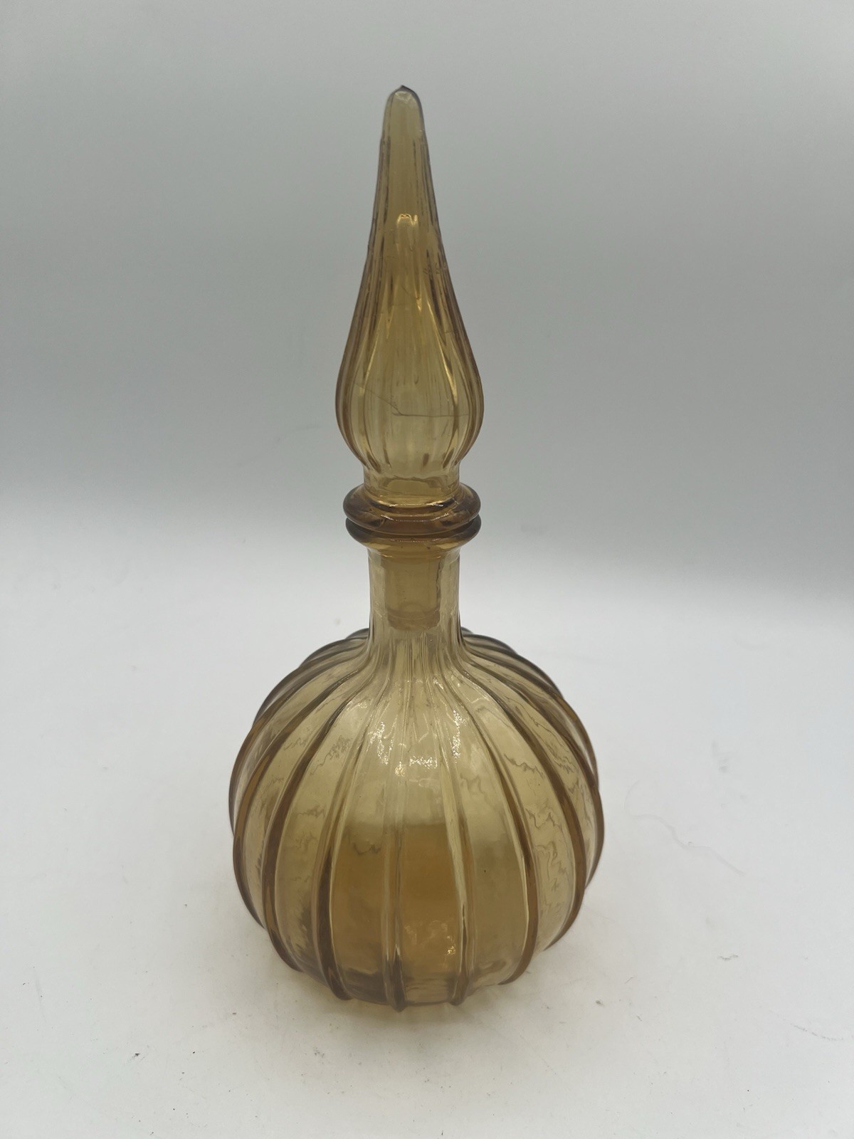Vintage MCM Amber Genie Bottle w/Topper Stubby Shorter Empoli Italy