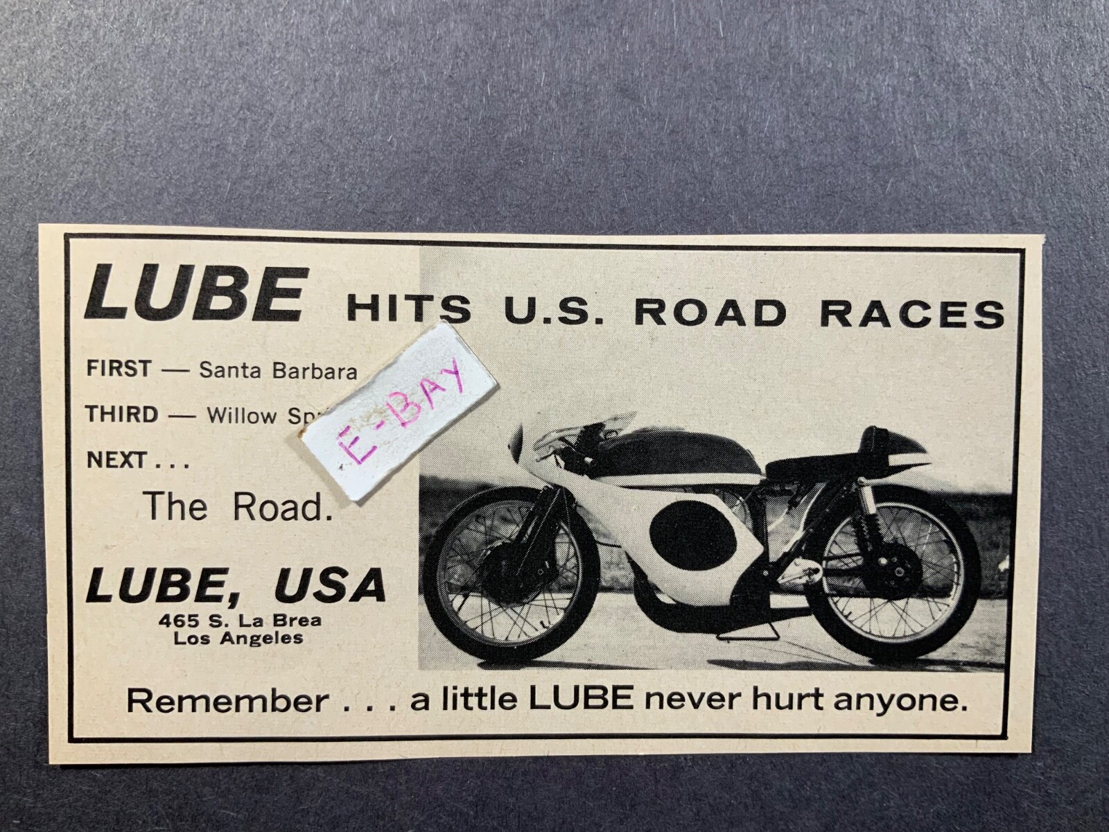 1964 Print Ad. Lube Hits US Road Races. Lube, USA. Los Angles, Ca. Motorcycle