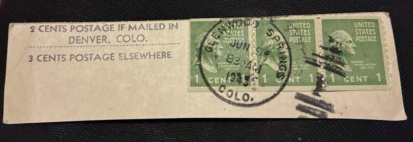WW II postal history USA Postmark Cover Piece w/ 3x 1 Cent Green Stamps Cancel WW II postal history USA Postmark Cover Piece w/ 3x 1 Cent Green Stamps Cancel