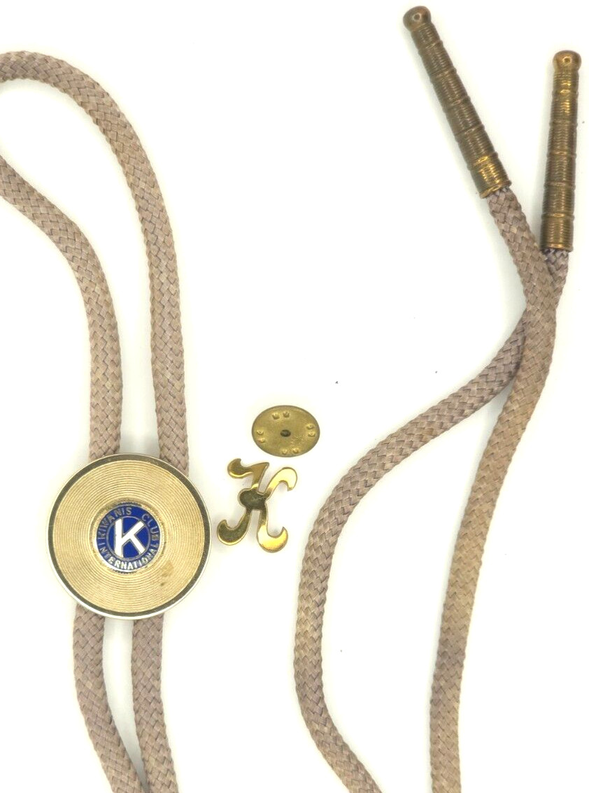 Vintage Gold Tone Kiwanis Club Brass Tipped Bolo Tie Emblem & Tie Tack Lapel Pin