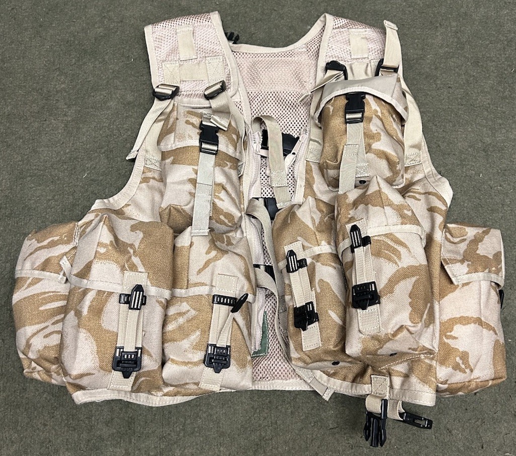 BRITISH ARMY DESERT DPM CAMO TACTICAL ASSAULT VEST WITH FIXED POUCHES & HOLSTER.