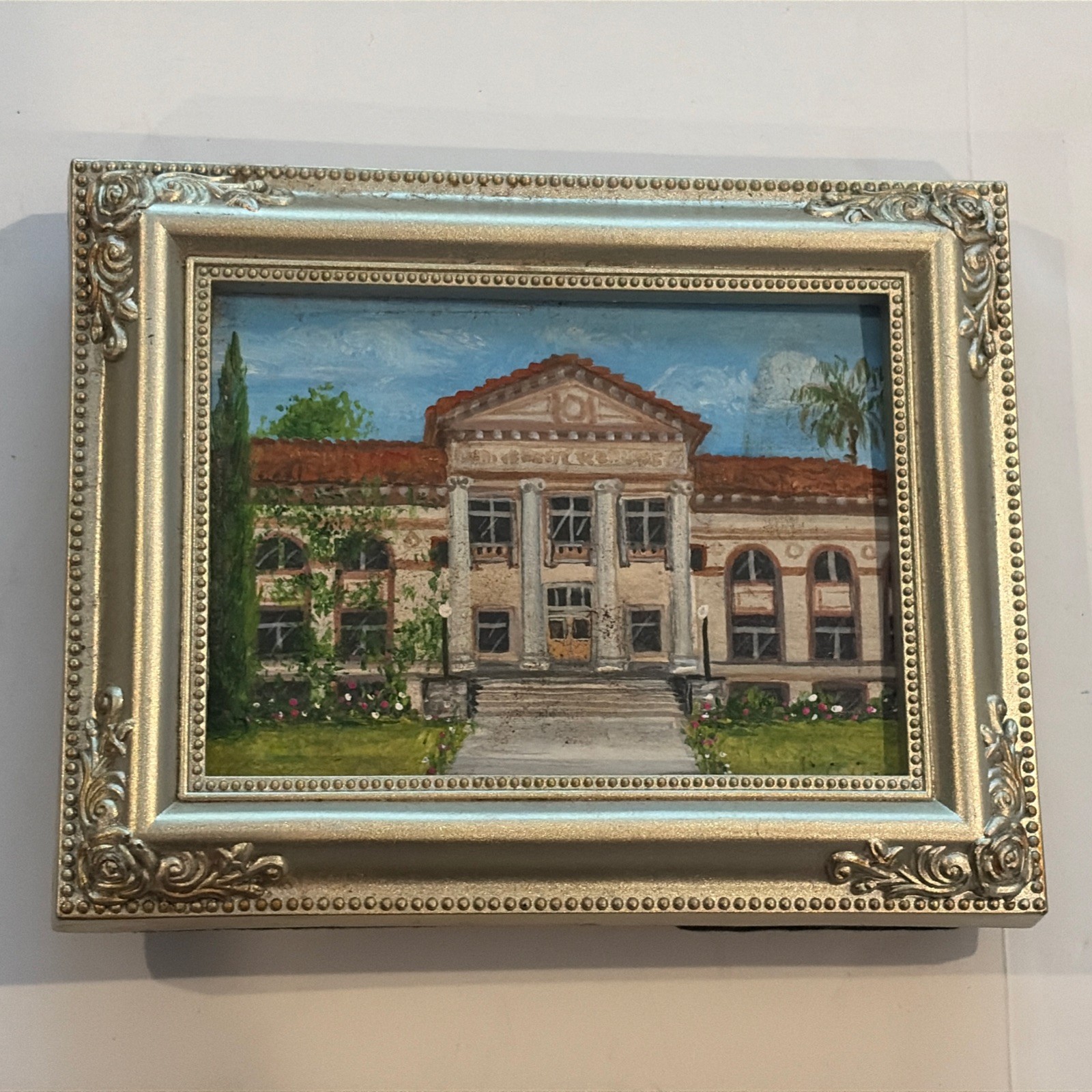 Miniature Original Painting Signed Neoclassical Library Building Ornate Frame