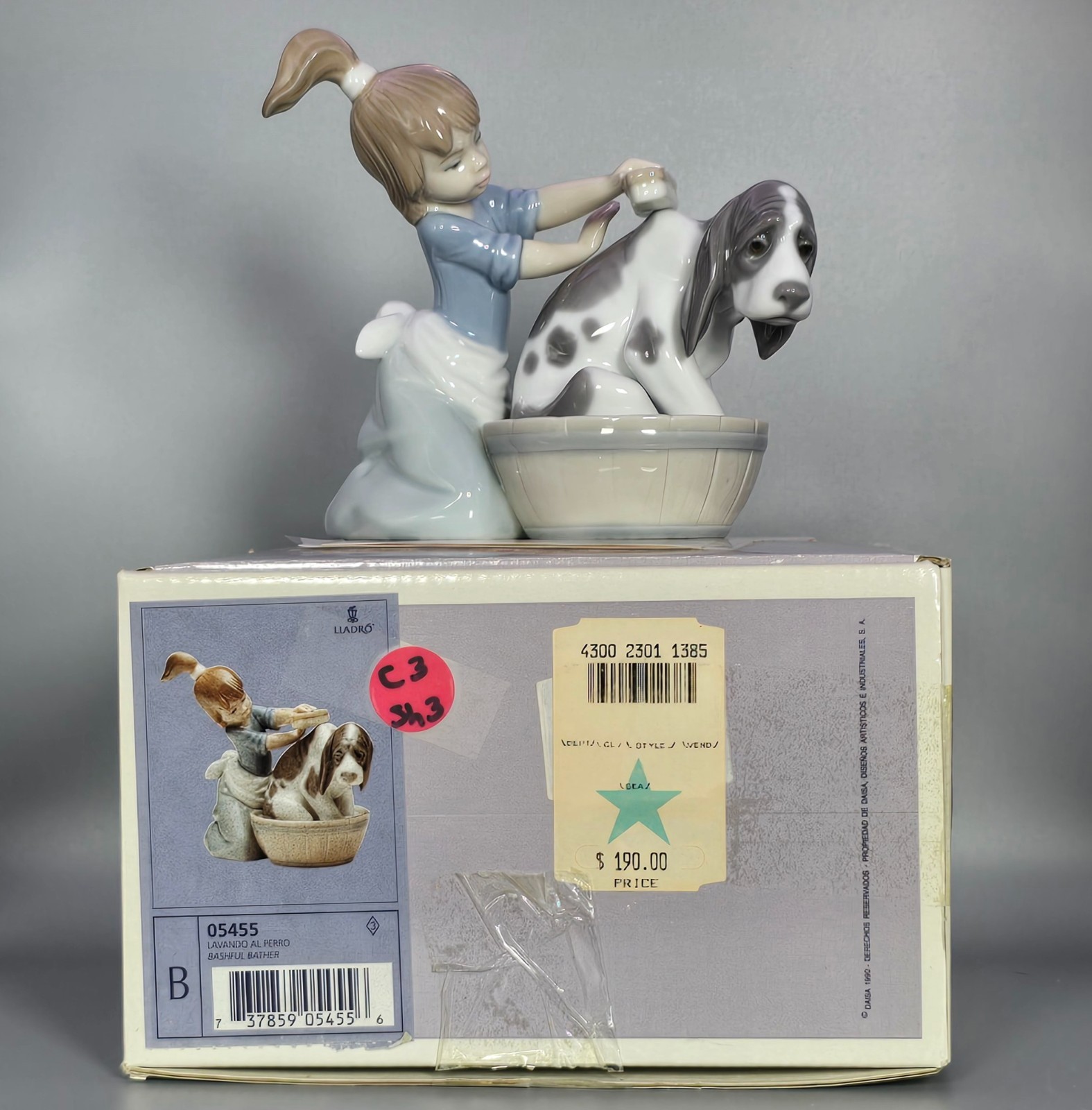 Vintage Lladro Bashful Bather Figurine 5455 Girl Washing Dog MINT Original Box