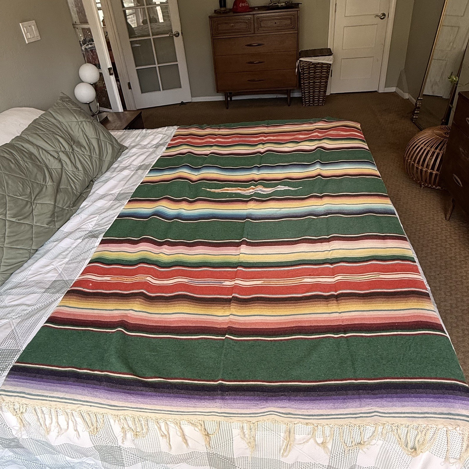 Vintage Mid Century Mexican Saltillo Serape Blanket 84x49 Wool warp Cotton Weft Vintage Mid Century Mexican Saltillo Serape Blanket 84x49 Wool warp Cotton Weft