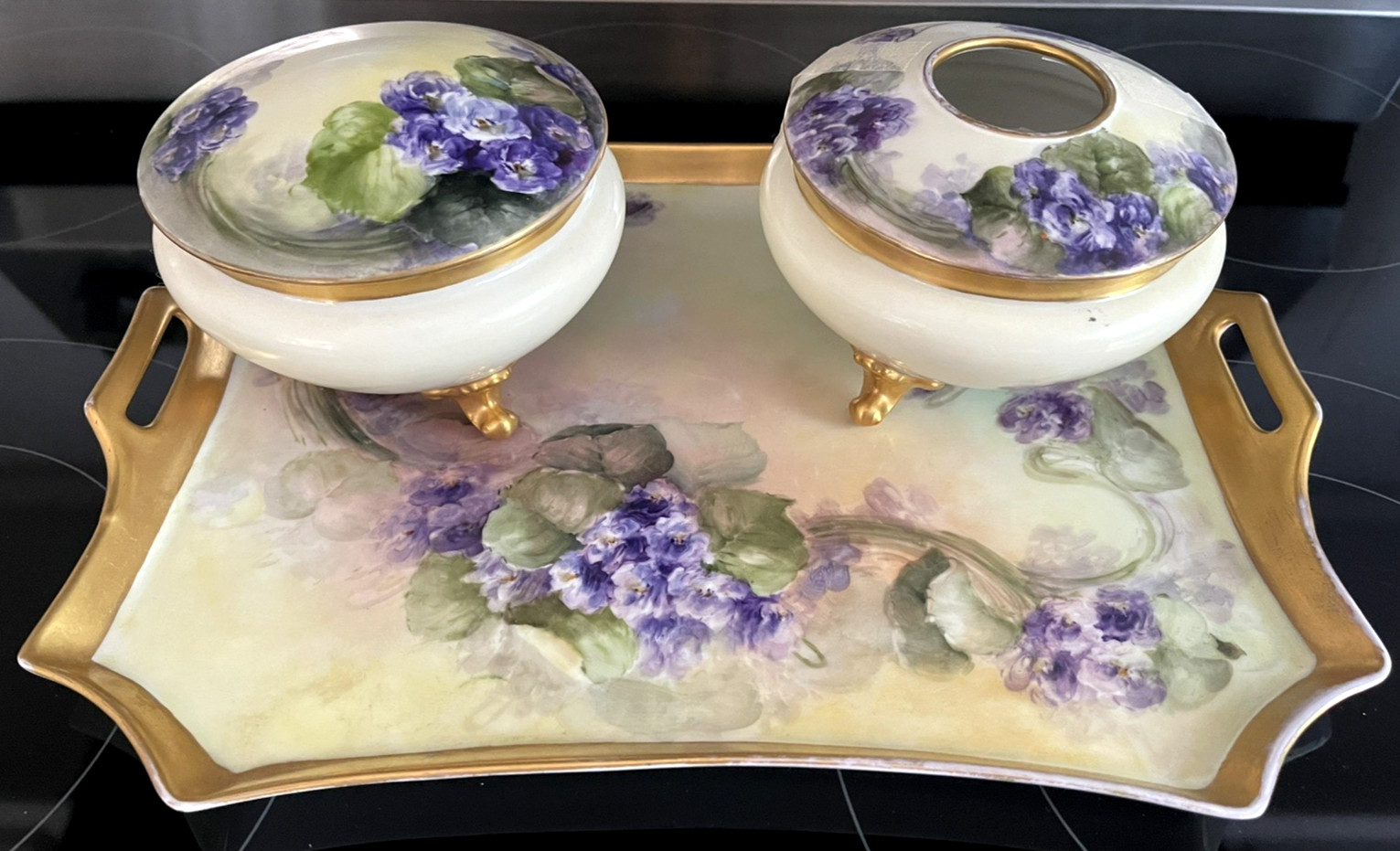 Vintage Bavarian Porcelain Vanity Set Hand Painted Floral Tray & Lidded Jars 3Pc