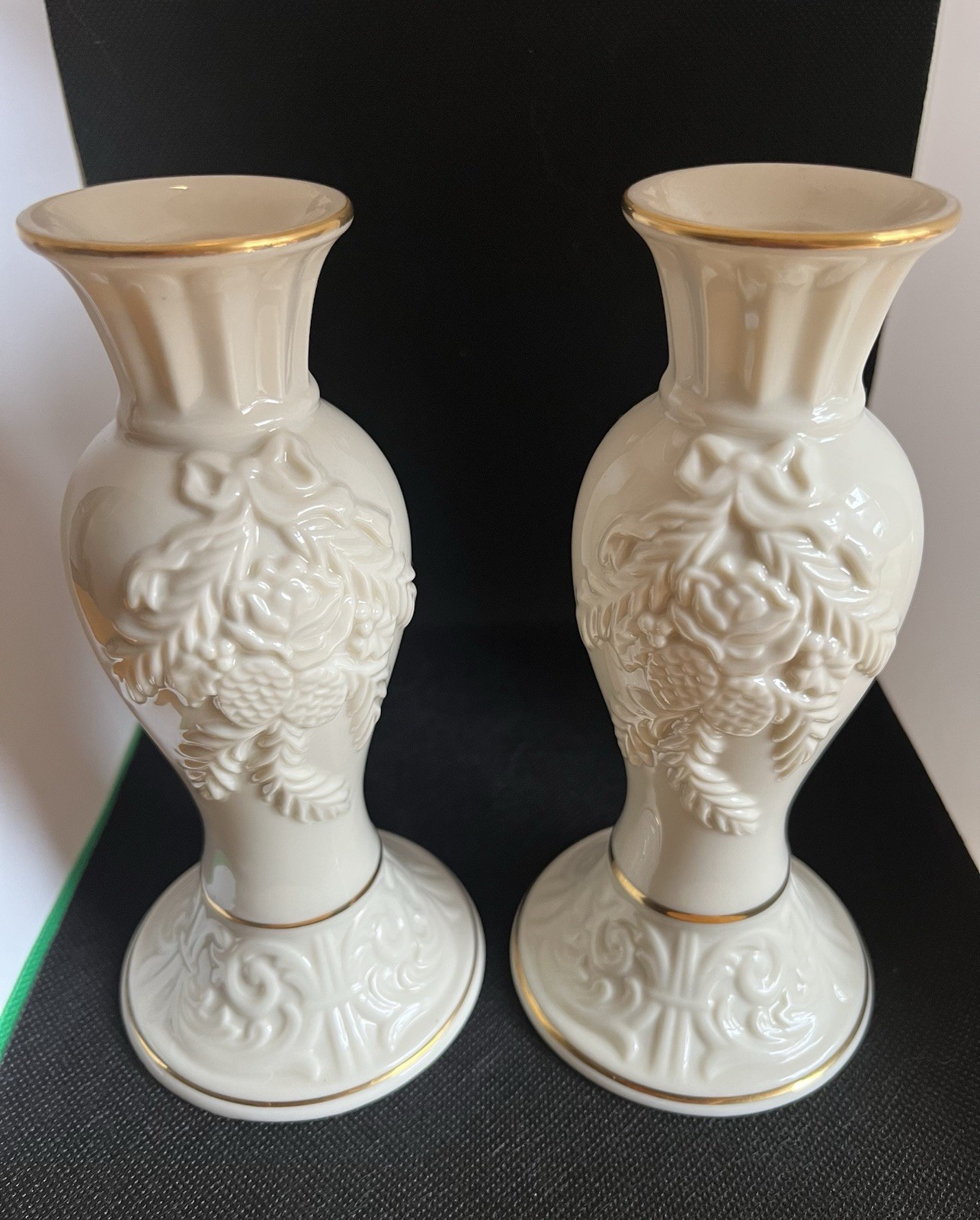 Lenox Winter Bouquet Candlesticks Ivory 24k Gold Christmas Taper Set Pair 1994