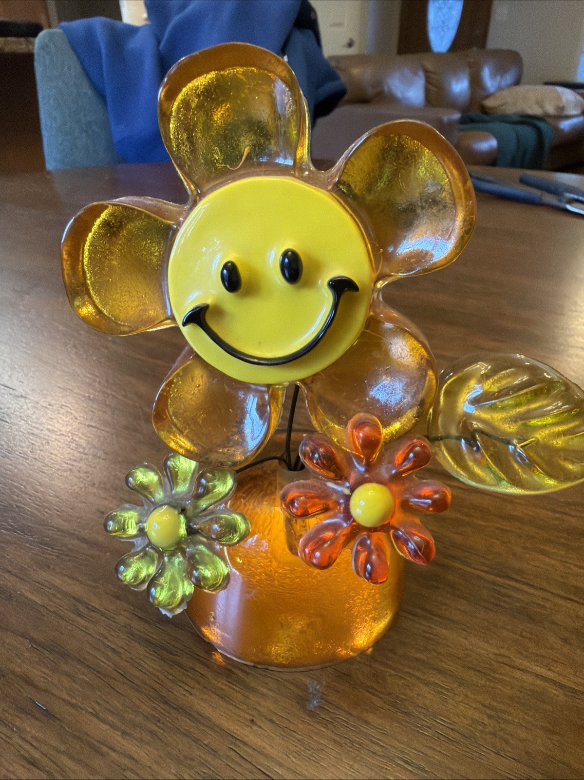 Vintage Smiley Face Lucite Acrylic Daisy Flower Power Ornament, 1960s, RARE