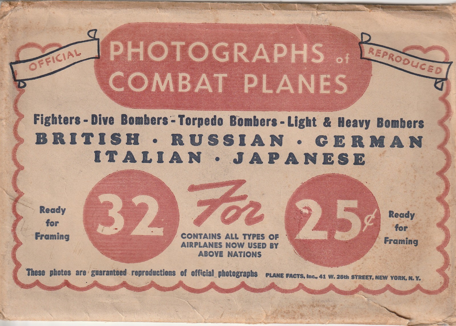 PHOTOGRAPHS OF COMBAT PLANES SERIES SET OF 32 IN ORIGINAL ENVELOPE 630 PHOTOGRAPHS OF COMBAT PLANES SERIES SET OF 32 IN ORIGINAL ENVELOPE 630