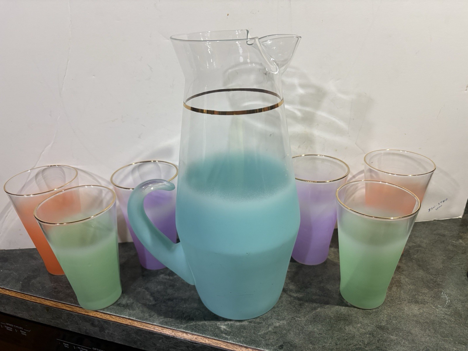 Vintage Blendo Frosted Pastel Pitcher & 6 Tumblers Set West Virginia Glass 1950s