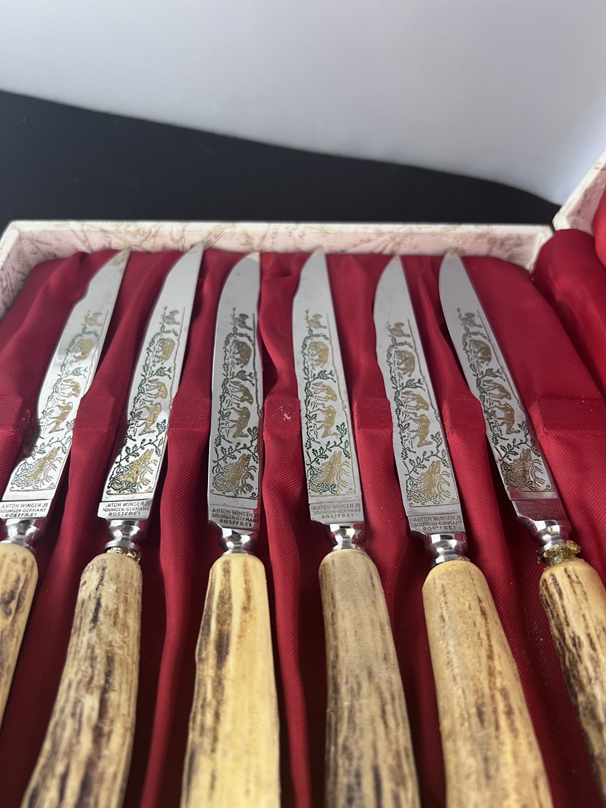 Vintage Anton Wingen Jr Solingen Germany Rostfrei 6 Stag Steak Knives Box Set