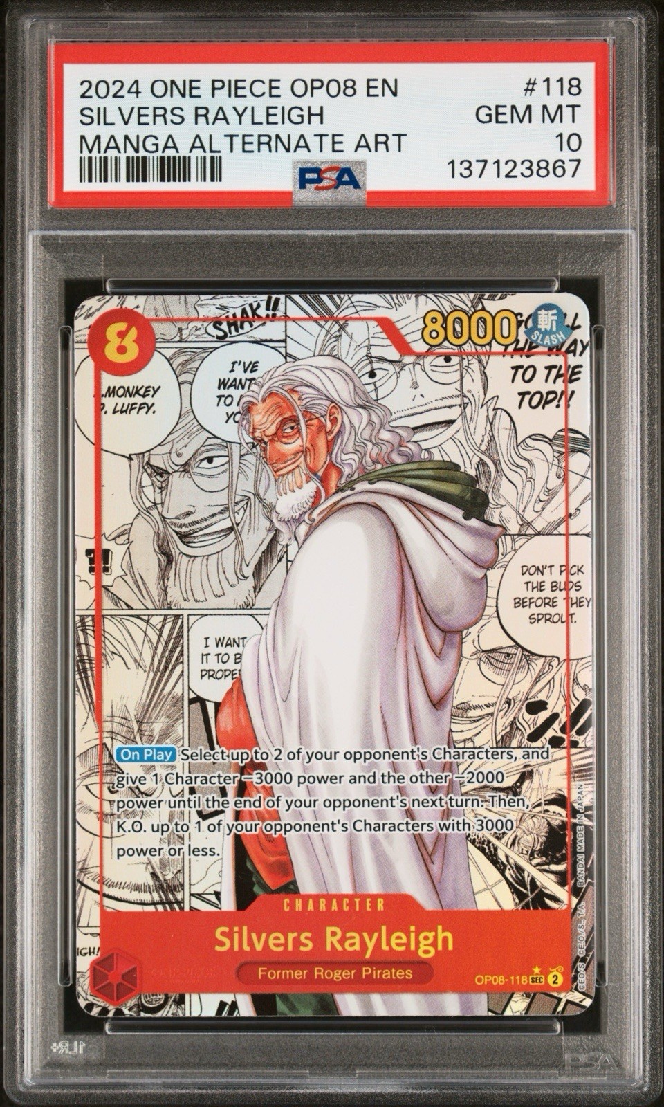 2024 ONE PIECE OP08-TWO LEGENDS MANGA ALTERNATE ART #118 SILVERS RAYLEIGH PSA 10