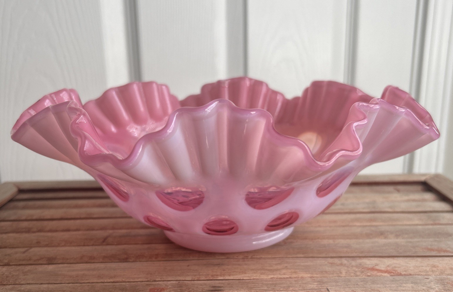 Fenton Vintage Cranberry Pink Opalescent Coin Dot Ruffled Footed 10\ Fenton Vintage Cranberry Pink Opalescent Coin Dot Ruffled Footed 10\
