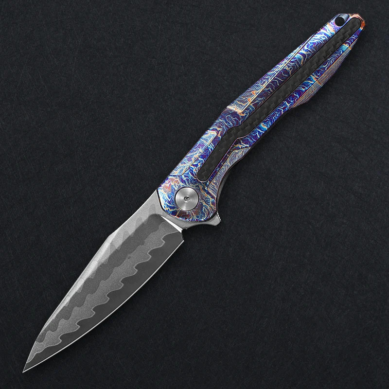 CH KNIVES Wartex Folding Knife 3.5 Damascus/Elmax Steel Blade Titanium/CF Handle