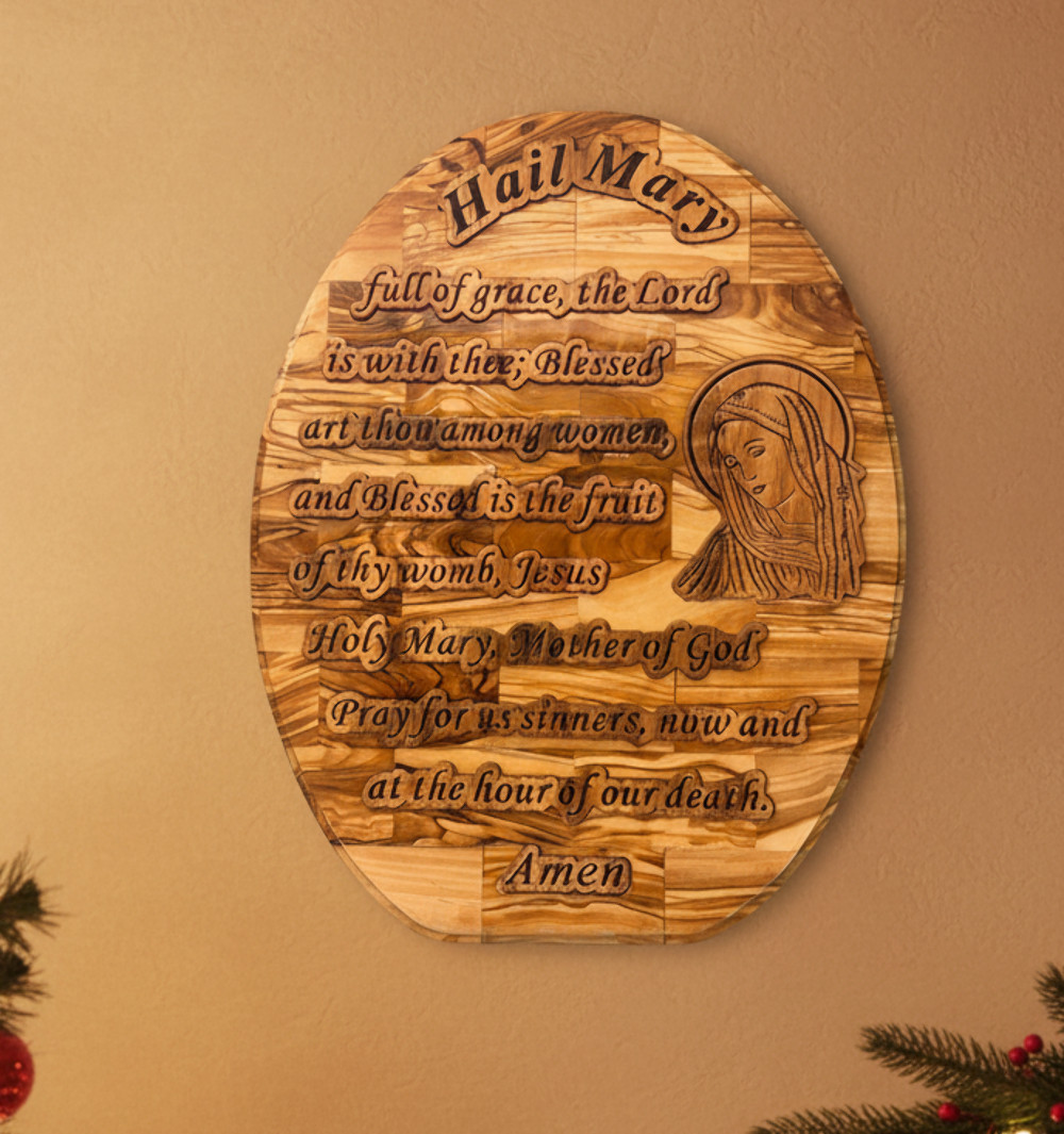 Hail Mary Prayer Wall Hanging Plaque, Olive Wood