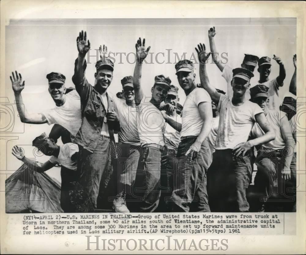 1961 Press Photo U.S. Marines wave from truck at Udorn, Thailand. - nom18329