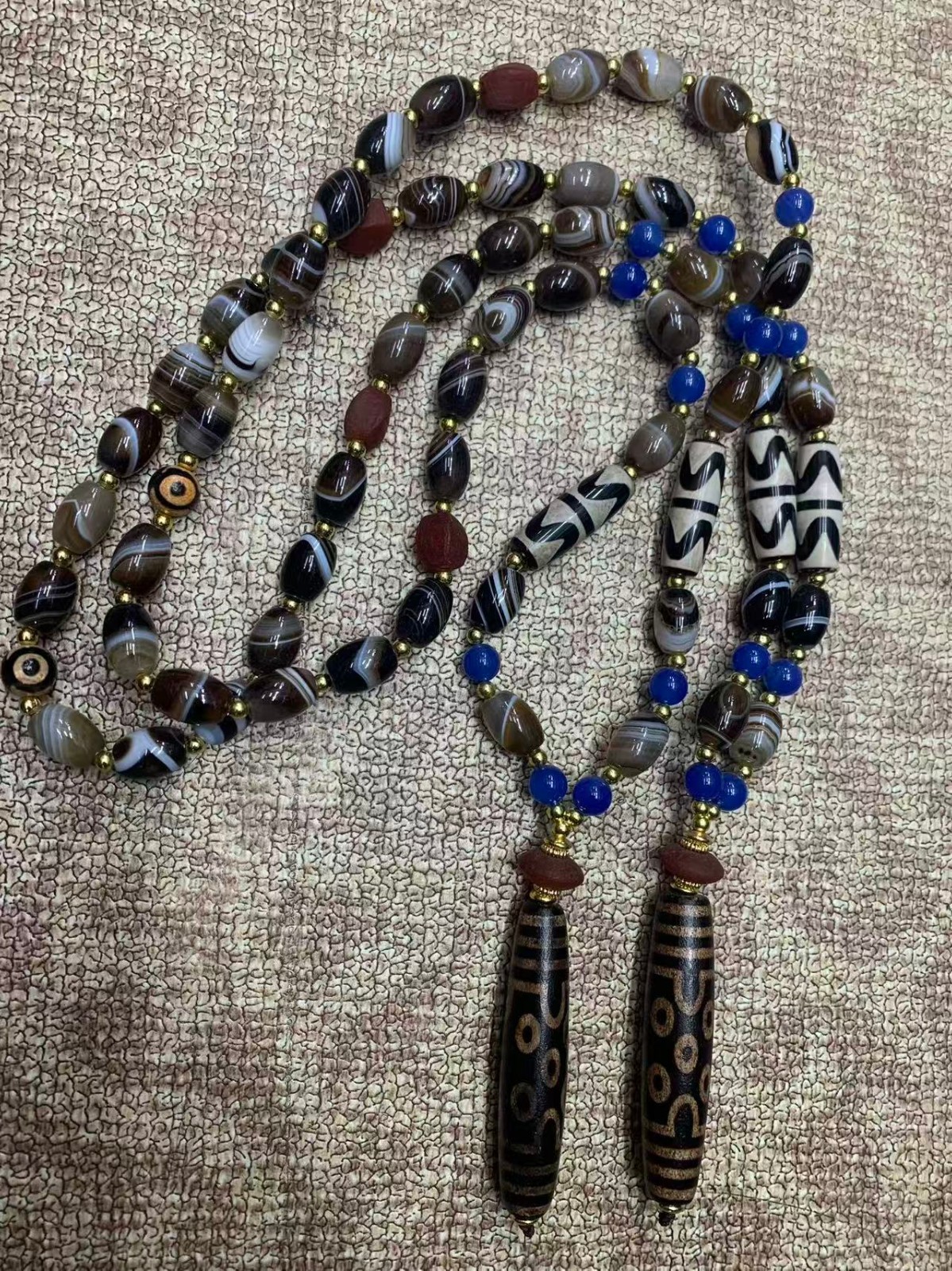 2Pcs Wonderful Tibetan Agate Dzi Beads Necklace W/Agate Dzi *7Eyed* Bead Pendant