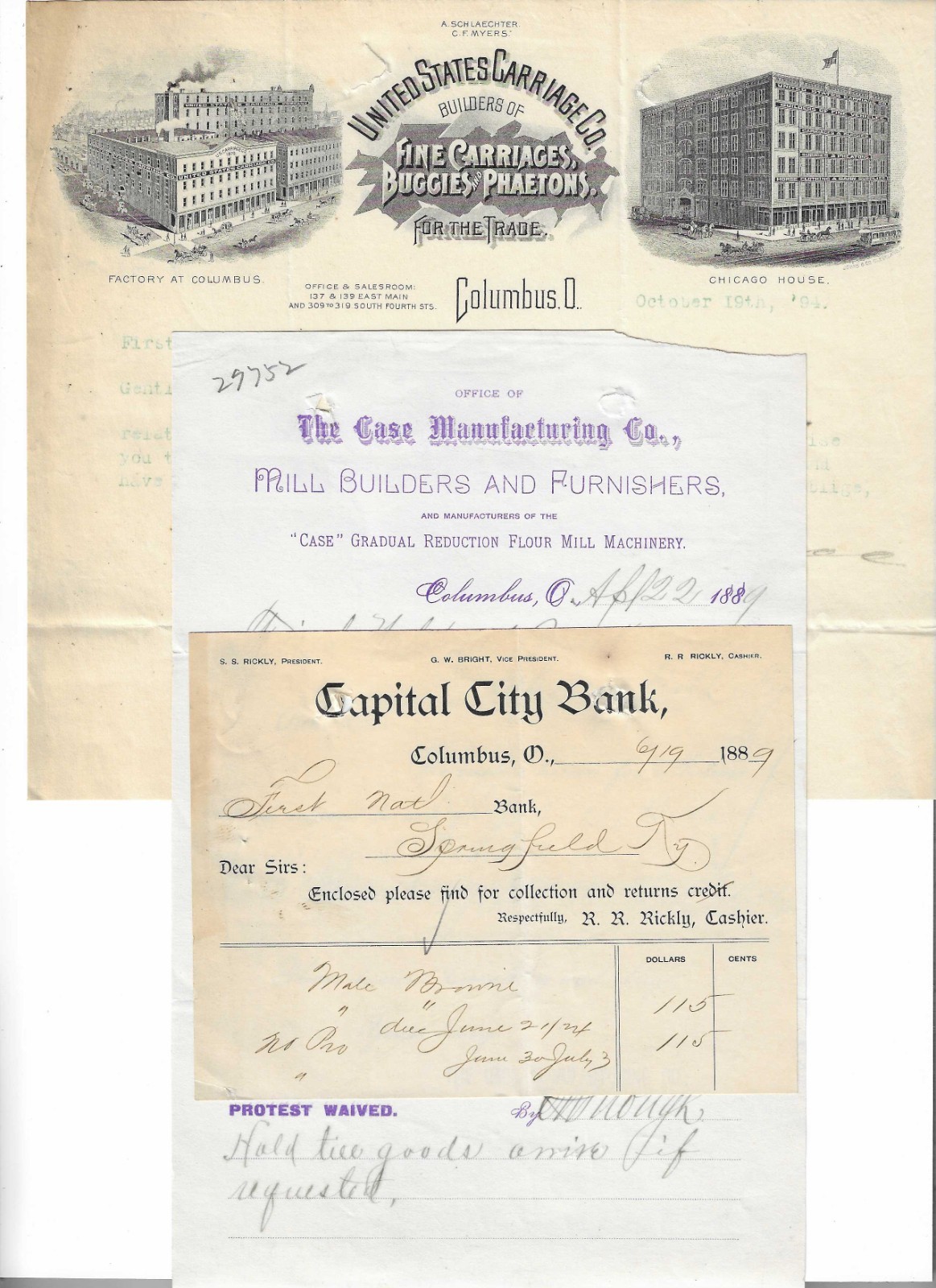(3) Columbus OH Letterheads: 1889/1894 ~ Case Mfg, Bank, US Carriage (3) Columbus OH Letterheads: 1889/1894 ~ Case Mfg, Bank, US Carriage