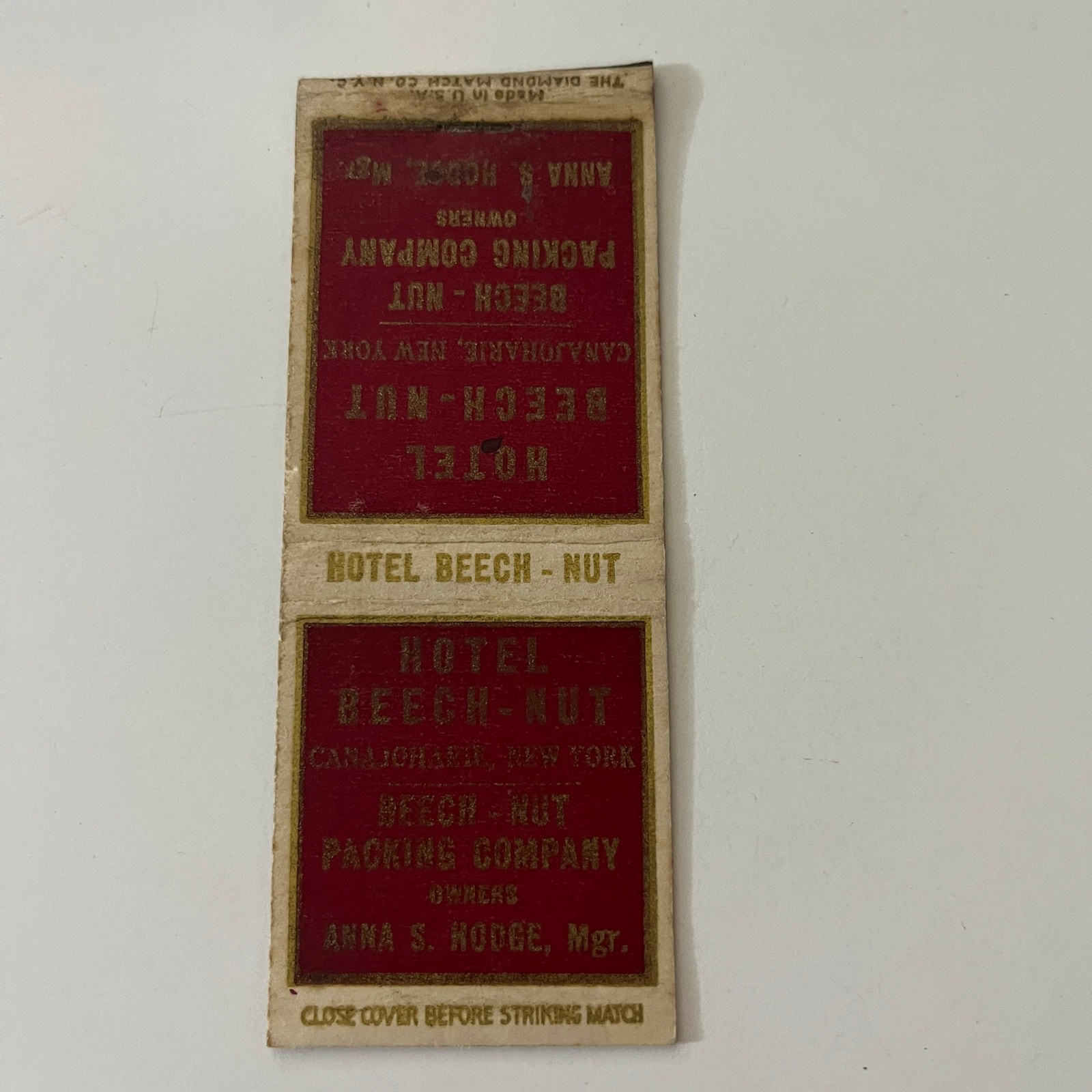 Hotel Beech-Nut Anna S. Rodge New York NY Vintage Matchbook Cover SMB24-4