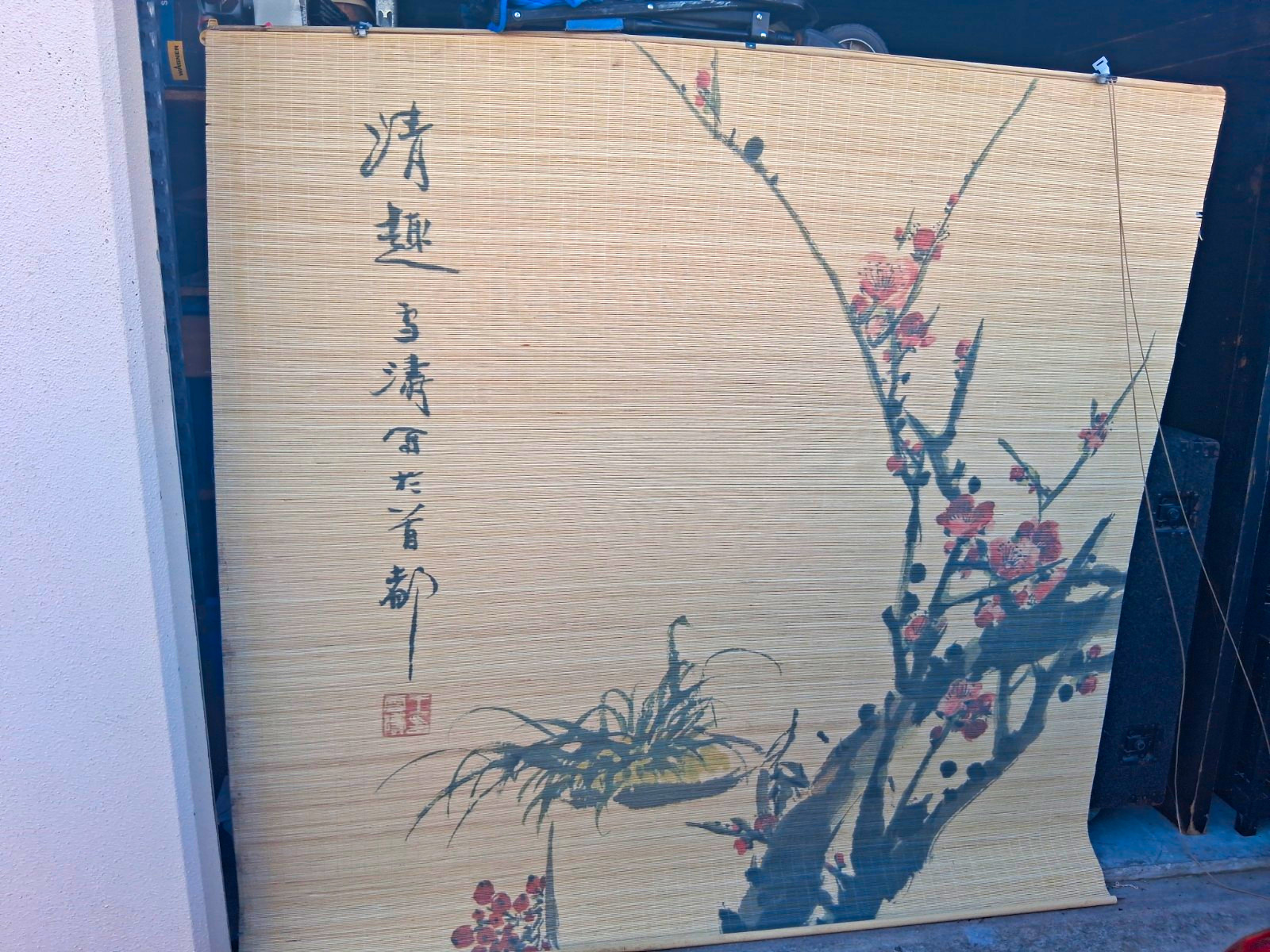 Chinese Calligraphy Hanging Scroll Painting w/ Plum Blossom Branch & Red Seal